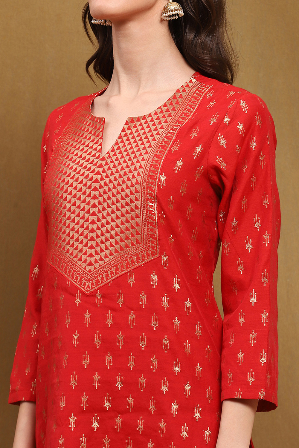 Red Yarn-Dyed Brocade Festive Straight Suit Set image number 1