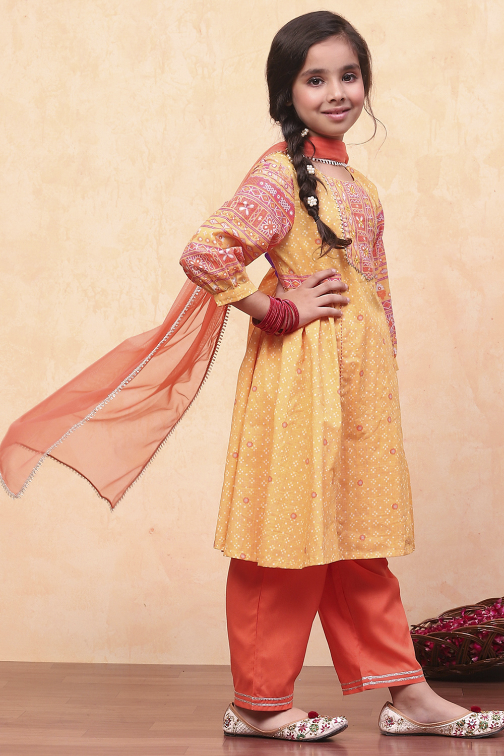 Yellow Cotton Bandhani Printed Gathered Festive Suit Set image number 5