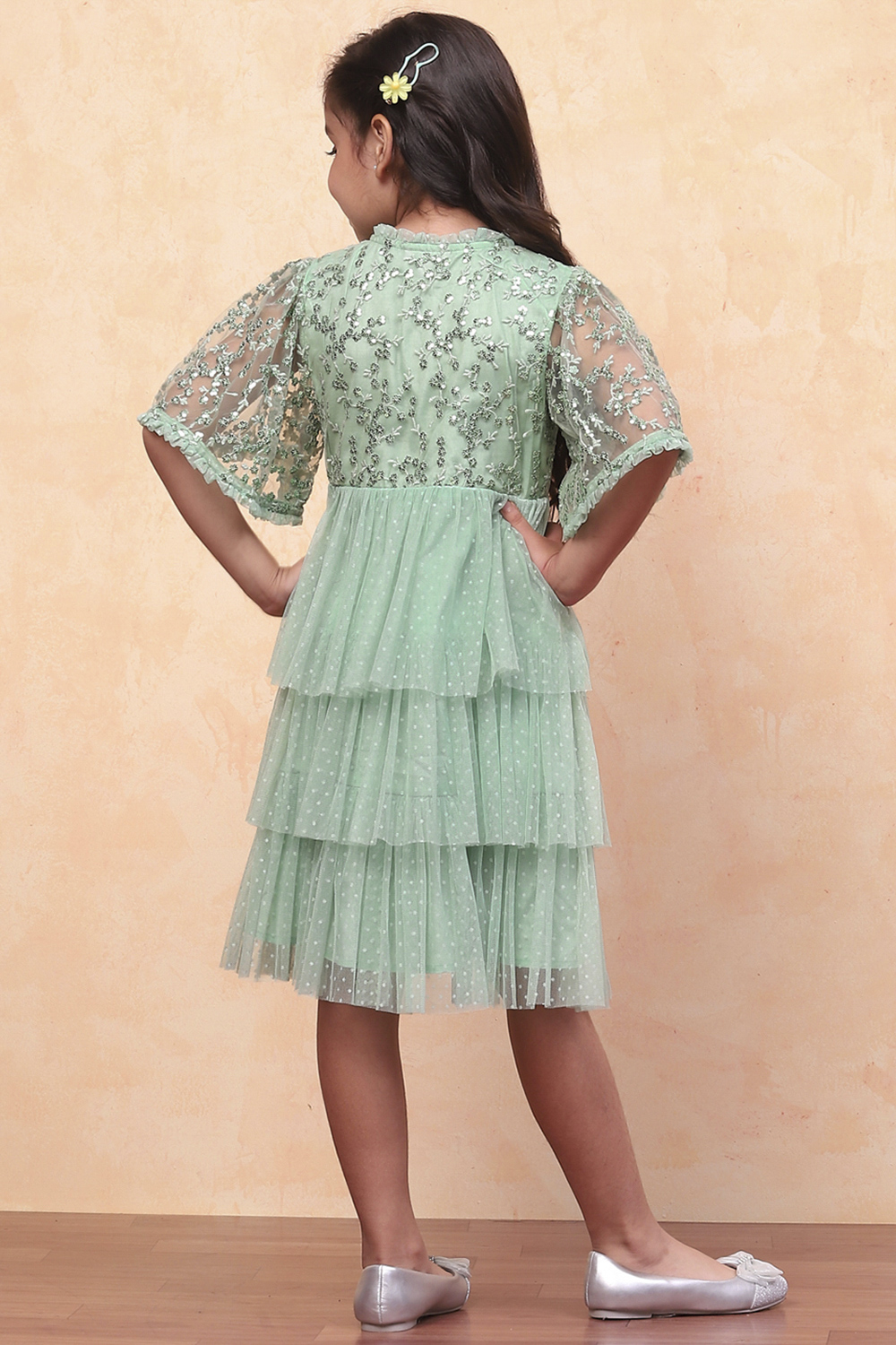 Mint Green Dobby Net Embellished Tiered Flared Dress image number 3