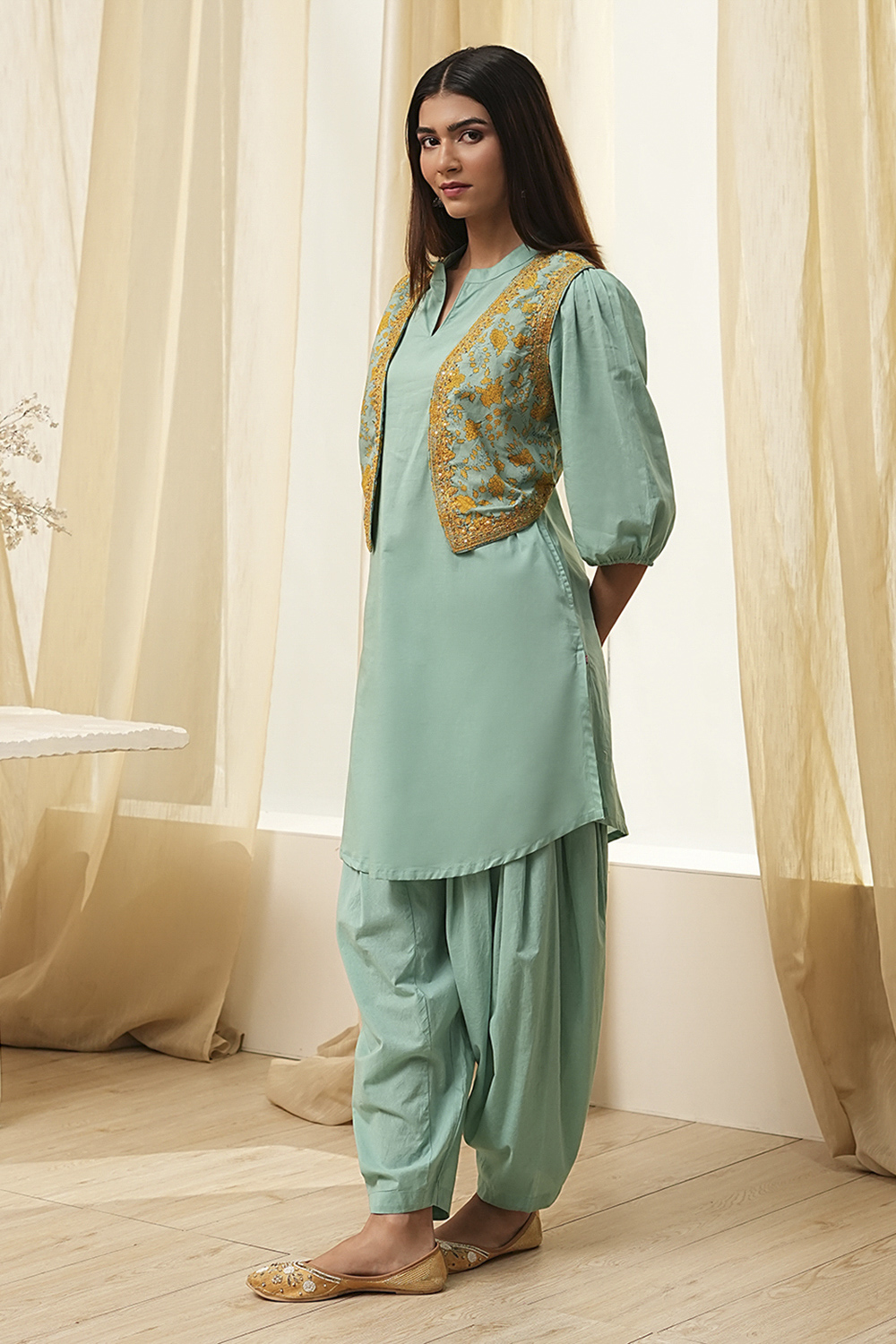 Sage Green Cotton Straight Suit Set image number 3