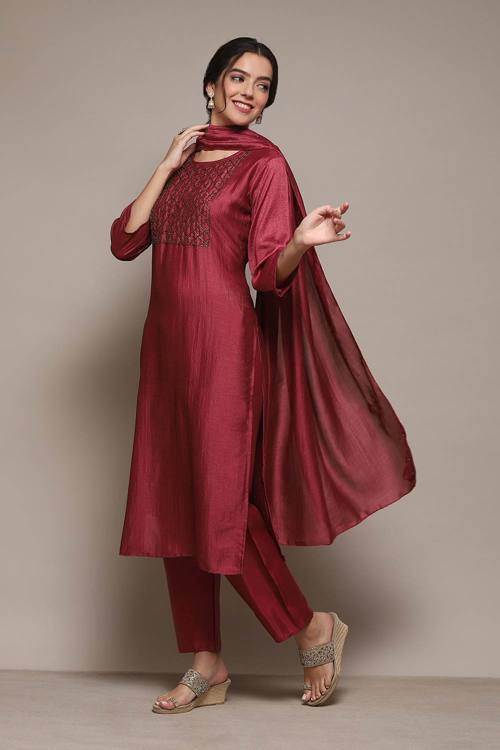 Dark Maroon Silk Blend Unstitched Suit Set image number 5