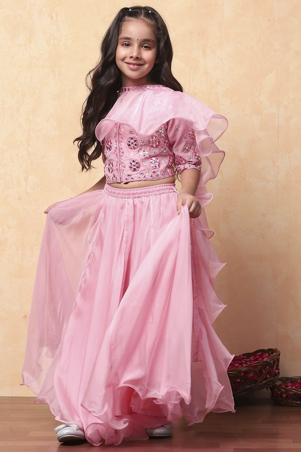 Pink Poly Chanderi Floral Mirror Work Festive Lehenga Set image number 0