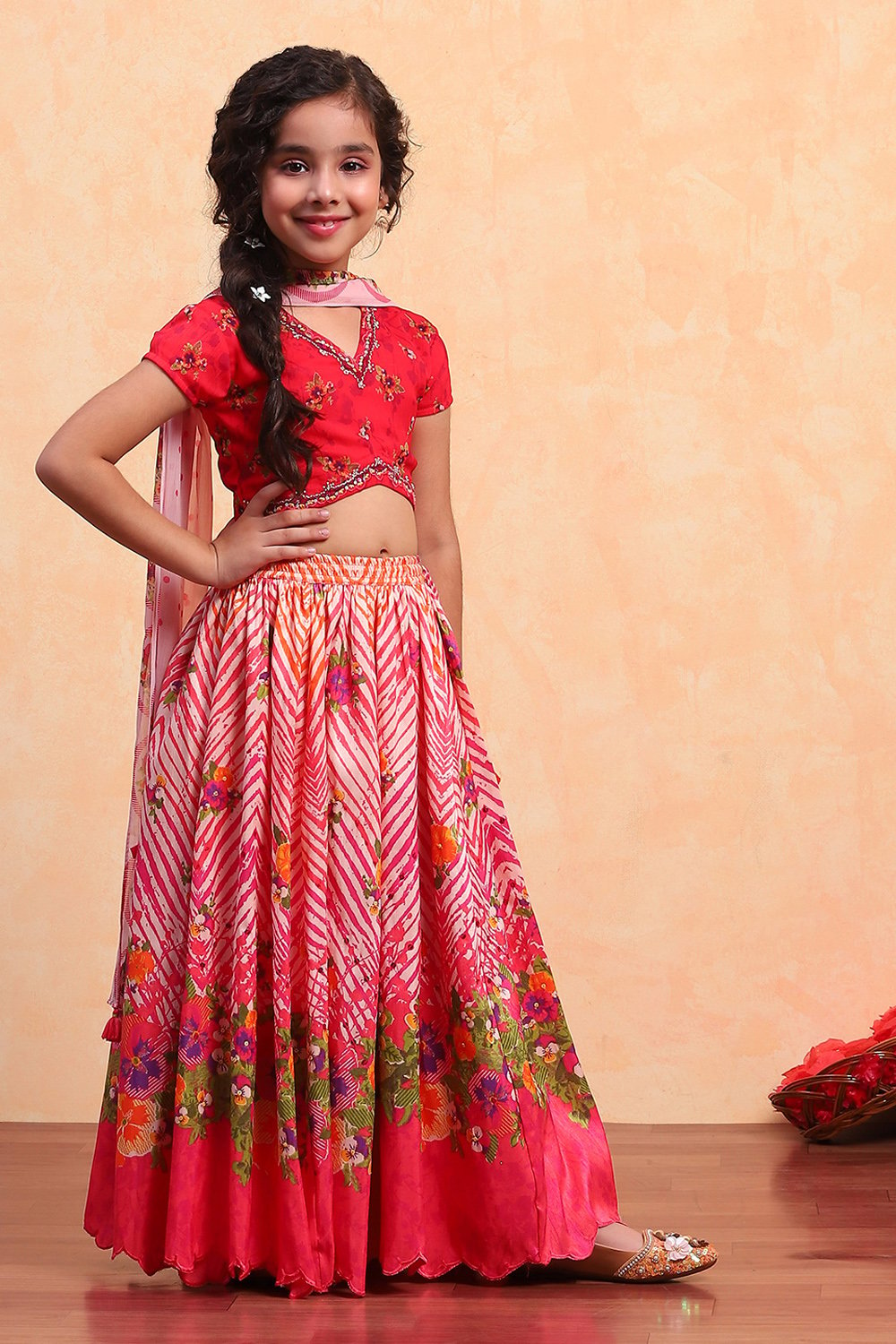 Coral Polyester Blend Short Straight Lehenga Set image number 5