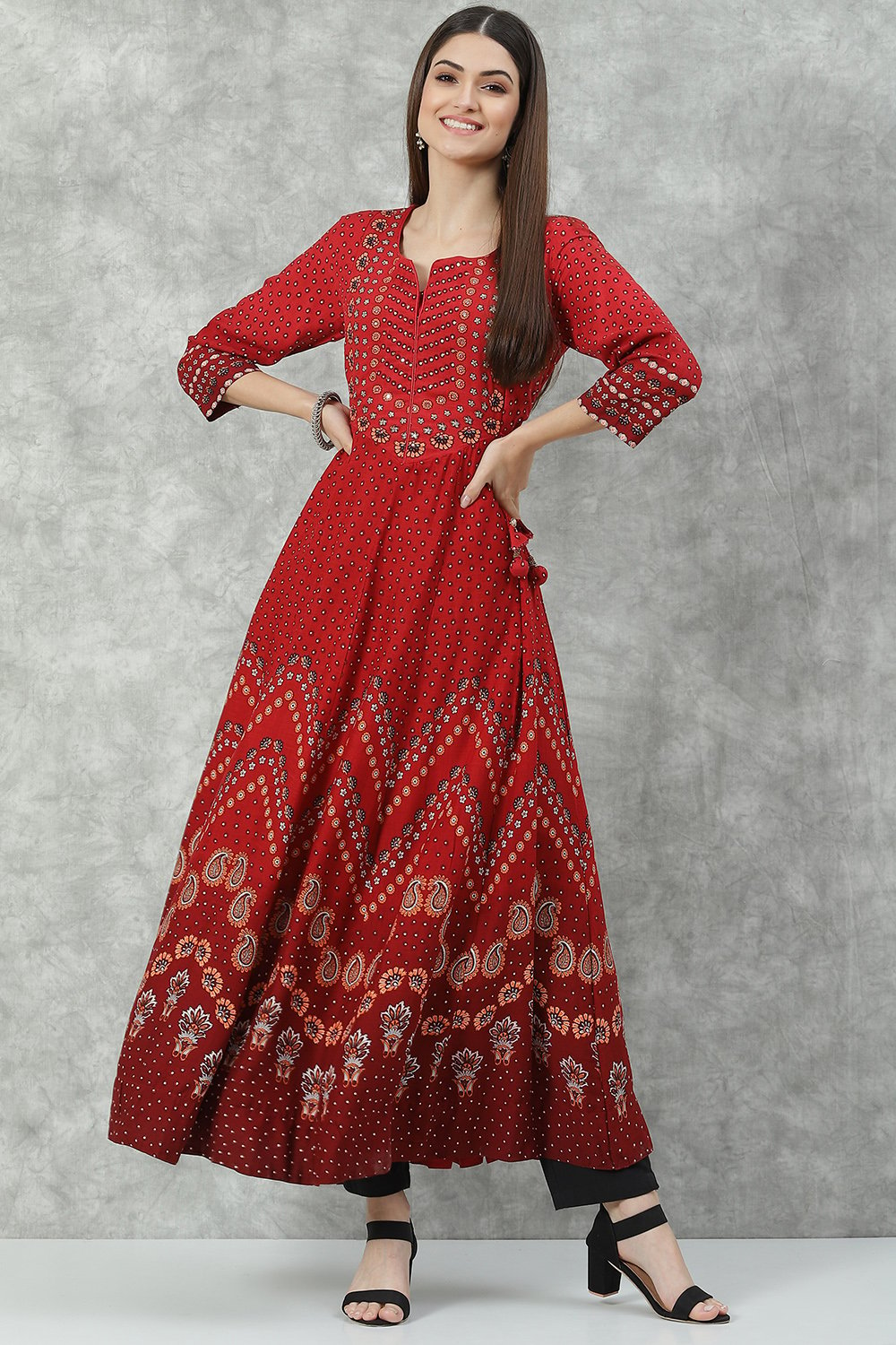 Red Rayon Flared Printed Kurta image number 0