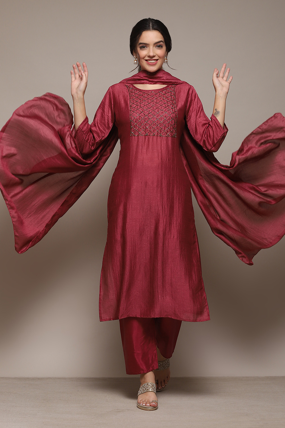 Dark Maroon Silk Blend Unstitched Suit Set image number 1