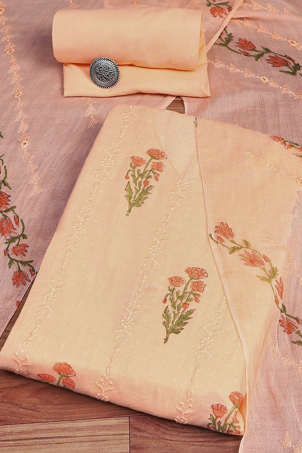 Peach Cotton Hand Block Print Unstitched Suit Set image number 0