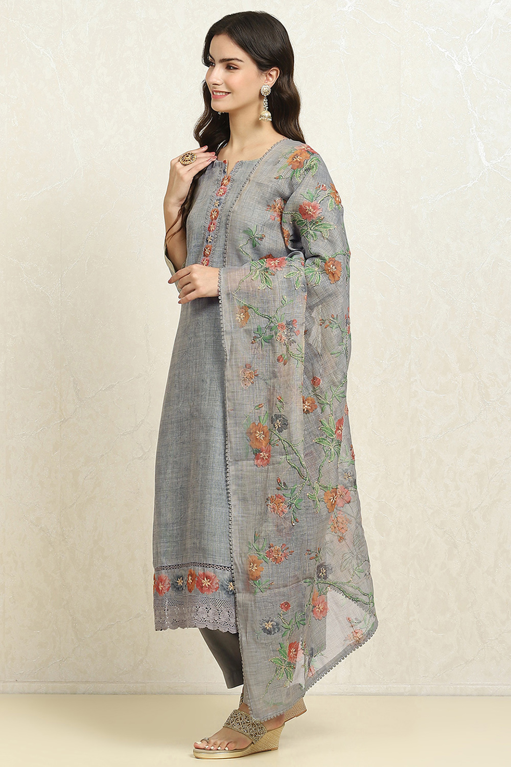 Grey Linen Blend Printed  Embroidered Unstitched Suit Set image number 4