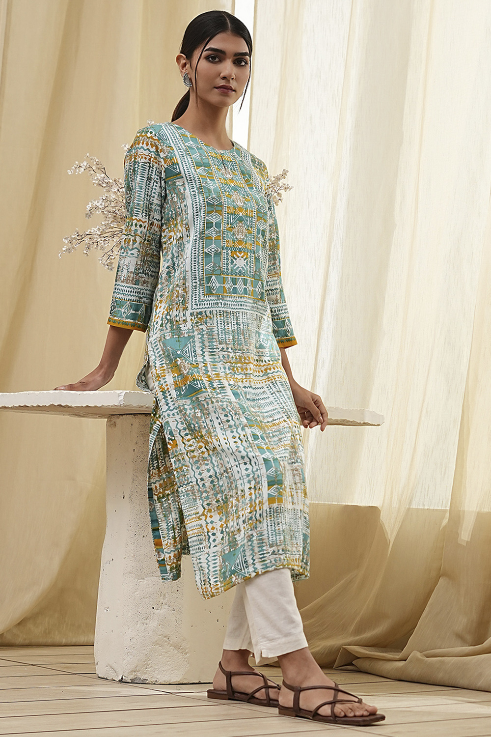 Teal Printed Straight Kurta image number 0