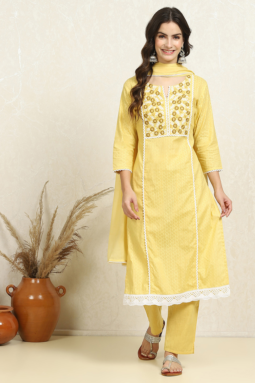 Yellow Cotton Handloom Unstitched Suit Set image number 7