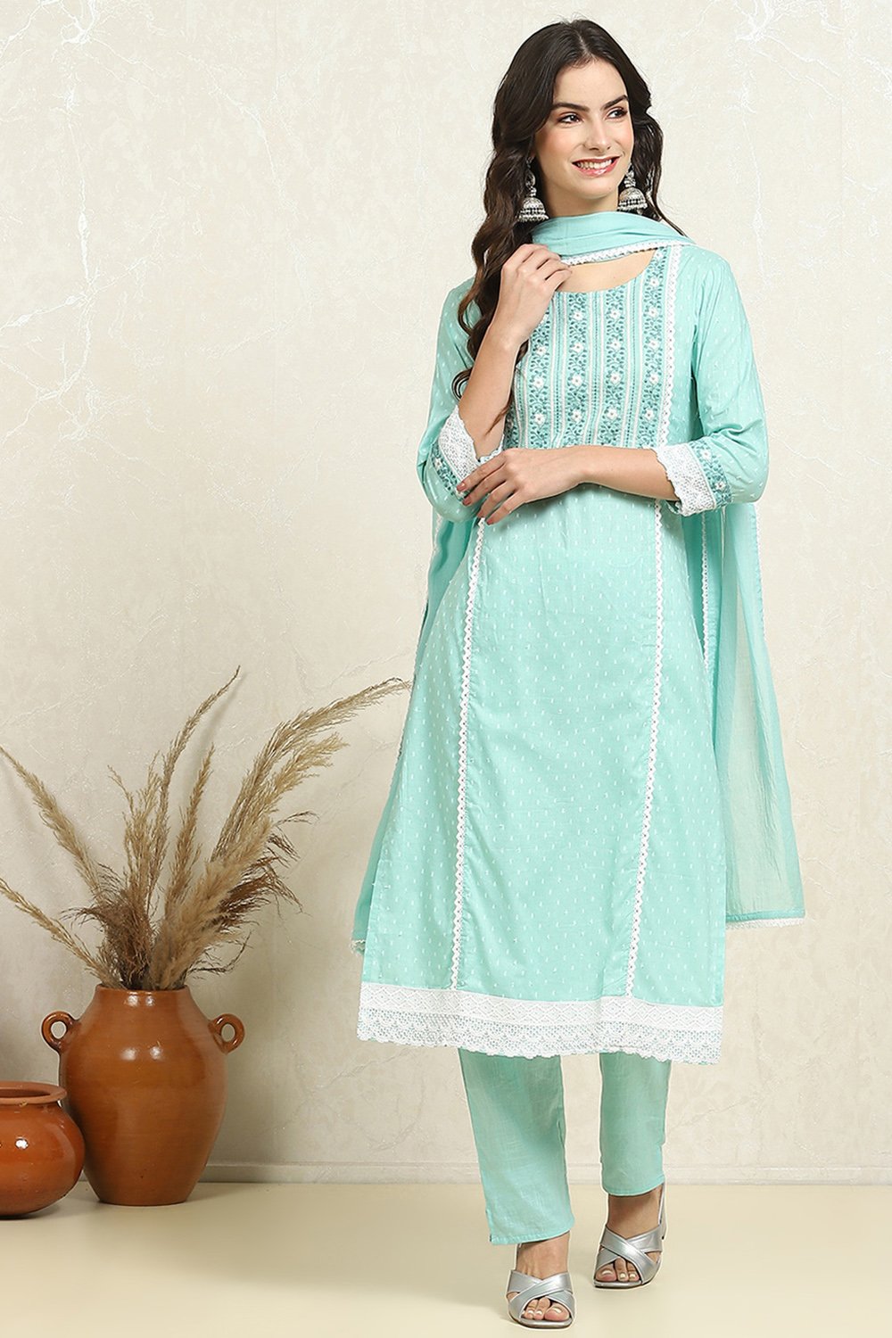 Blue Cotton Handloom Unstitched Suit Set image number 1