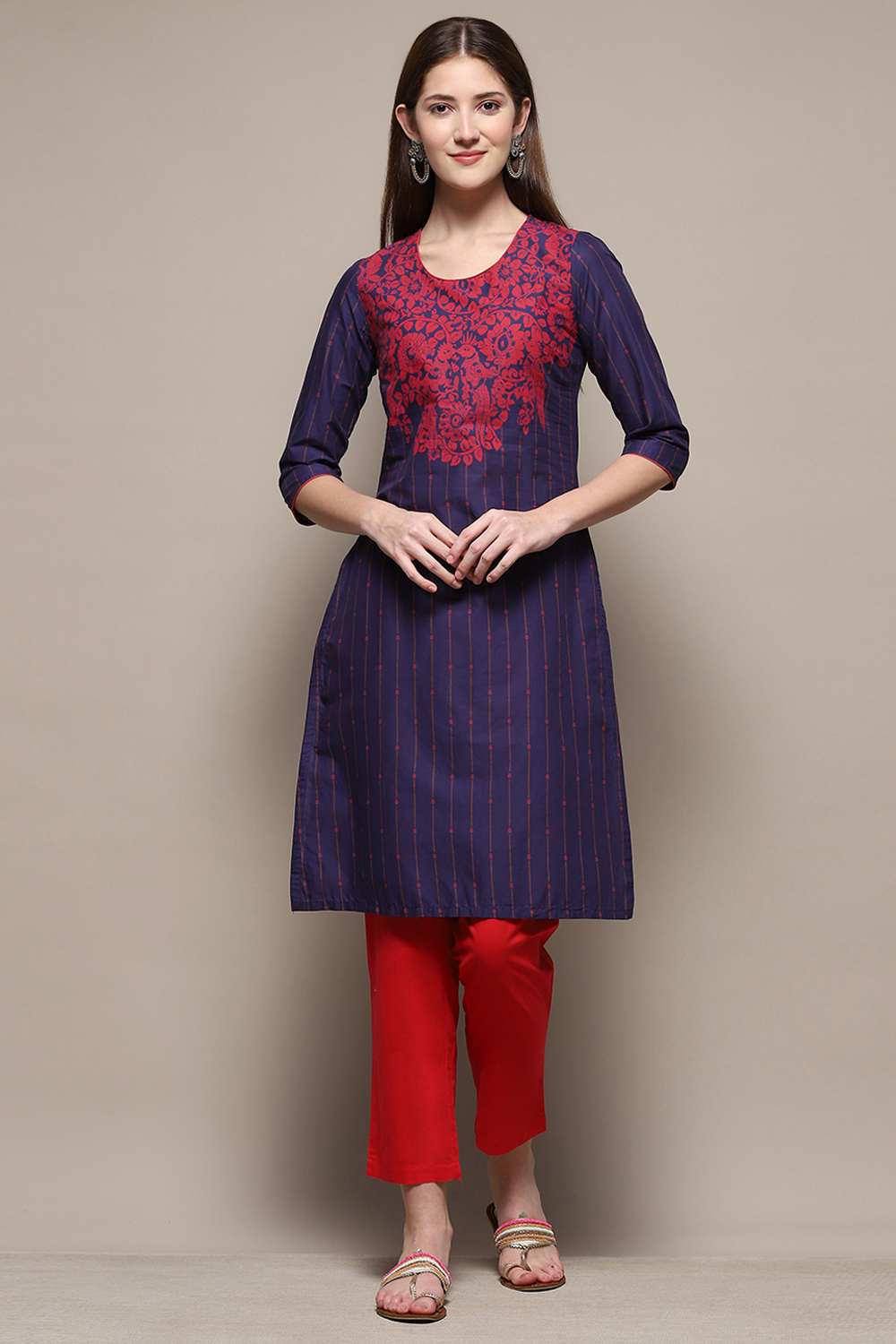 Blue Cotton Straight Printed Kurta image number 5