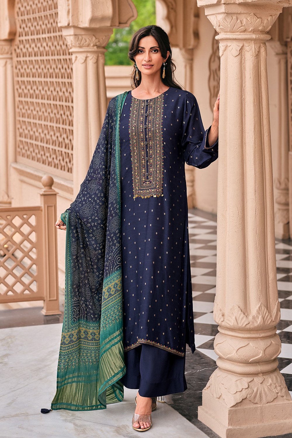 Blue Viscose Silk Woven Unstitched Suit Set image number 0