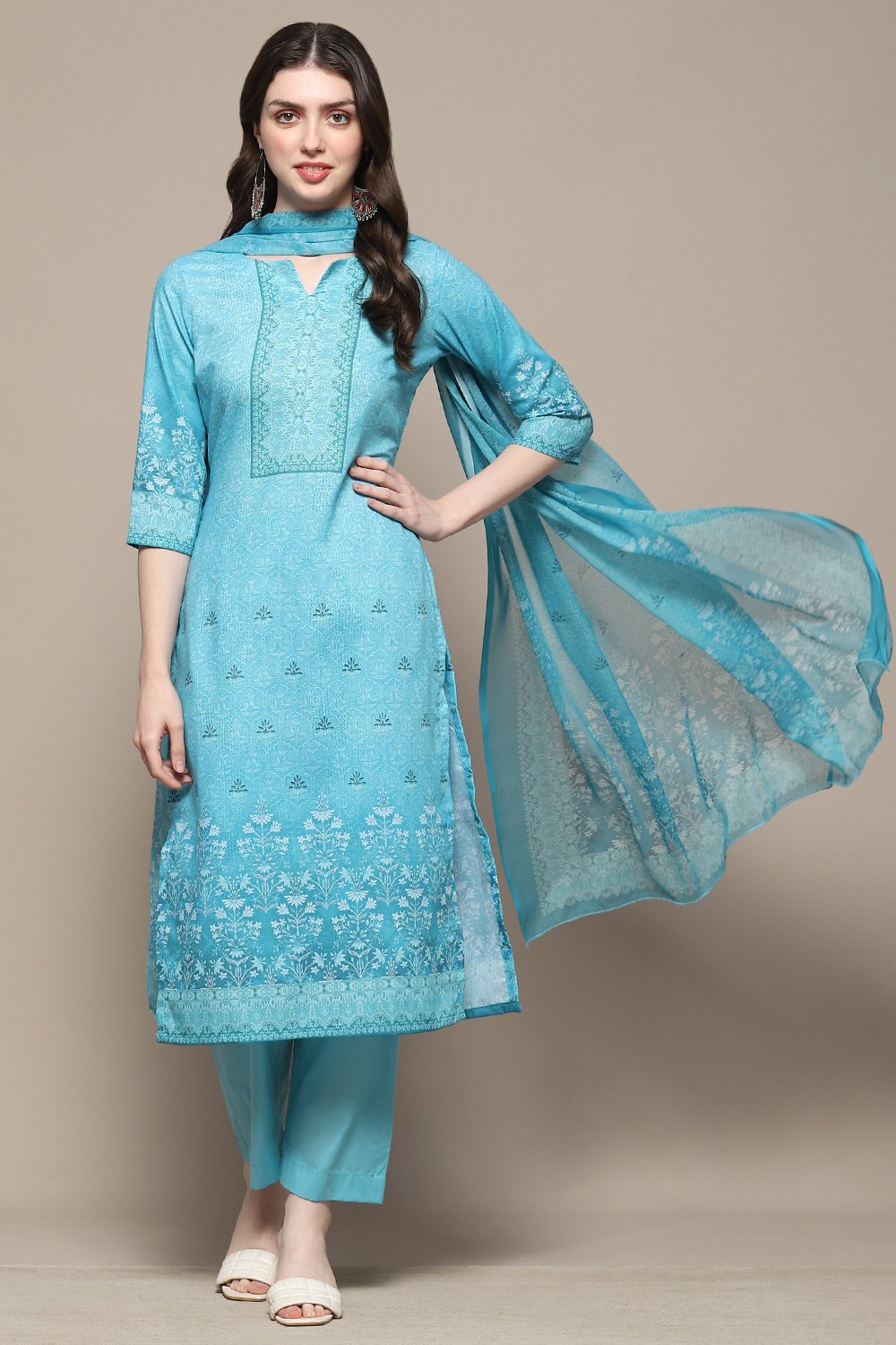 Blue Cotton Blend Digital Print Unstitched Suit Set image number 1