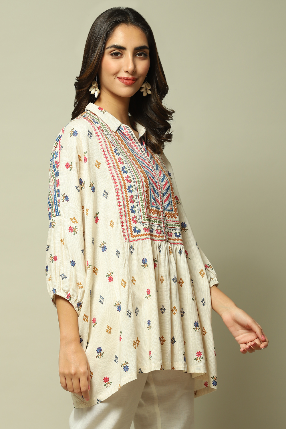 Ecru Rayon Printed Kurti