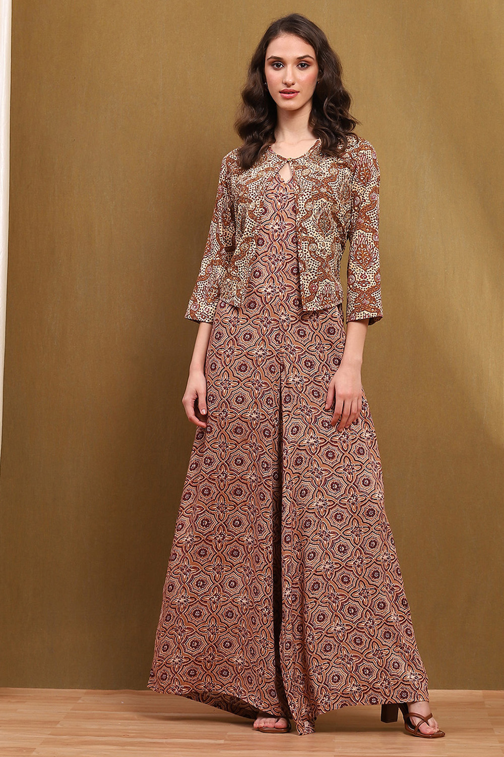 Beige Block-Printed Straight Jumpsuit image number 5