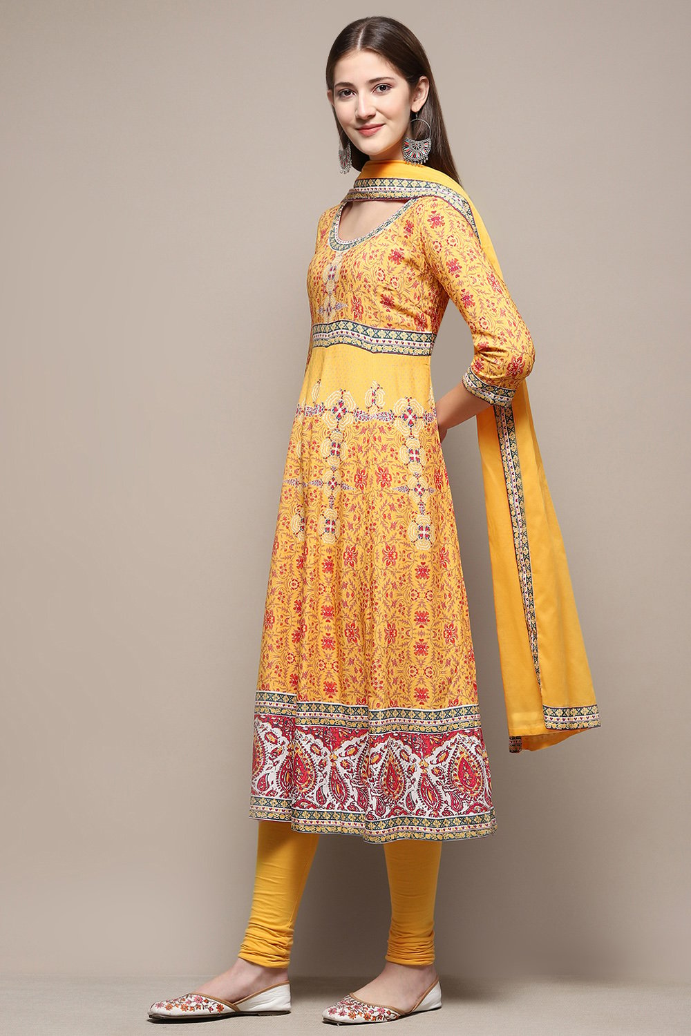 Yellow Rayon Anarkali Kurta Churidar Suit Set image number 4