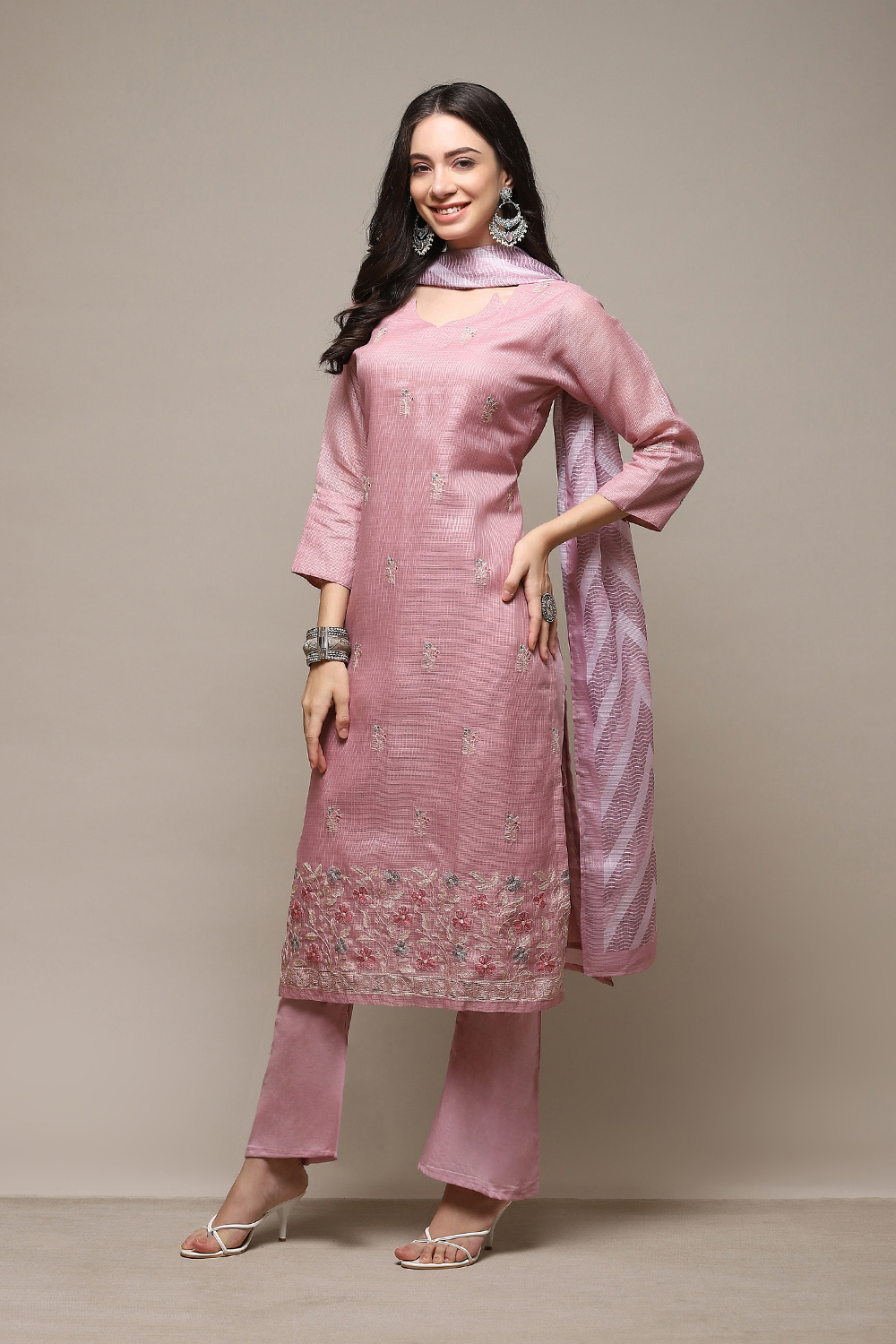 Pink Cotton Blend Printed Unstitched Suit Set image number 6