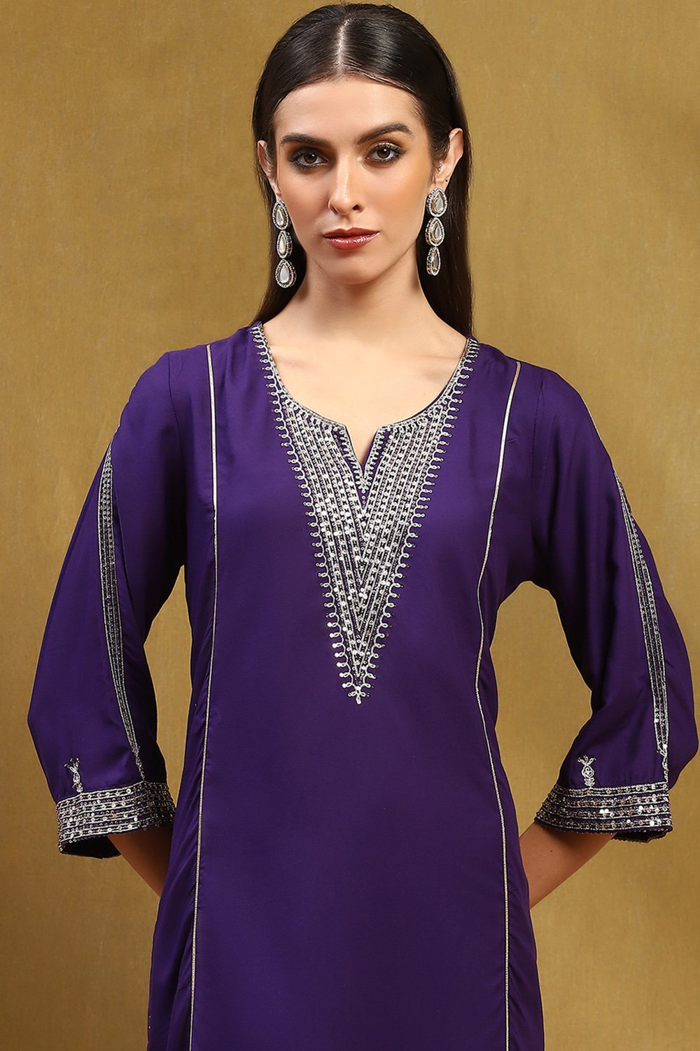 Purple Embroidered Straight Suit Set image number 1