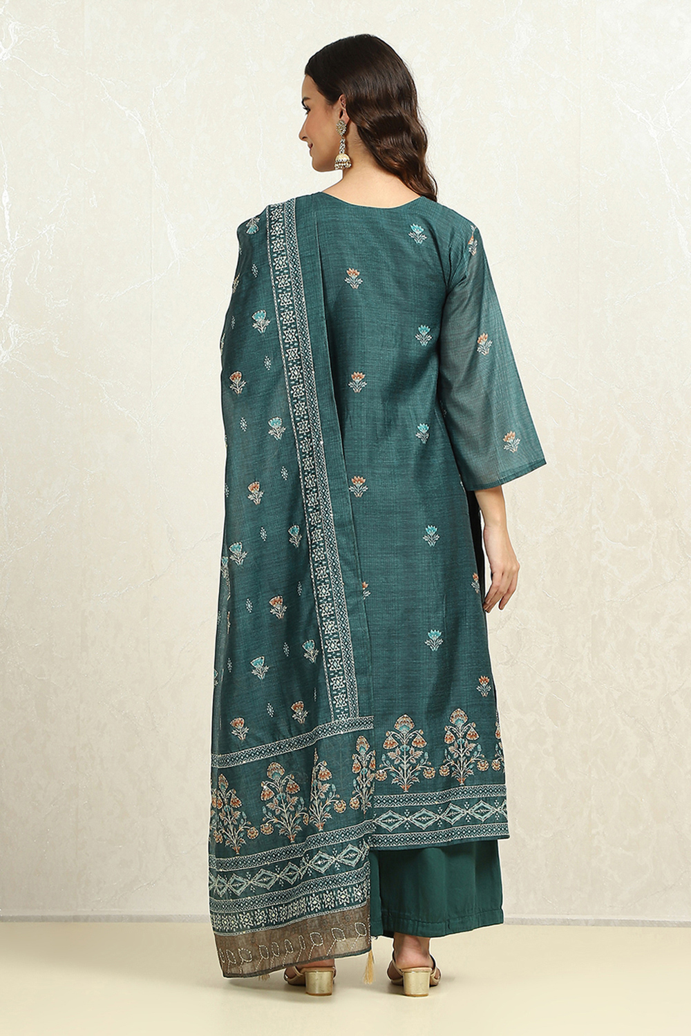 Teal Chanderi Katha Work Unstitched Suit Set image number 5