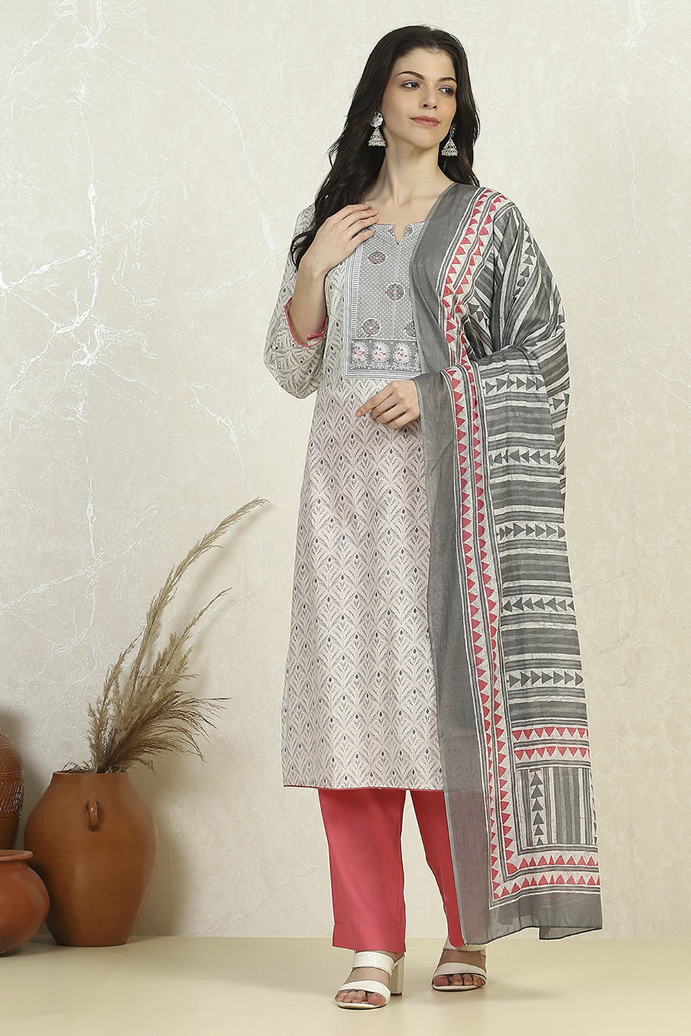 Grey Cotton Printed Embroidered Unstitched Suit Set image number 7