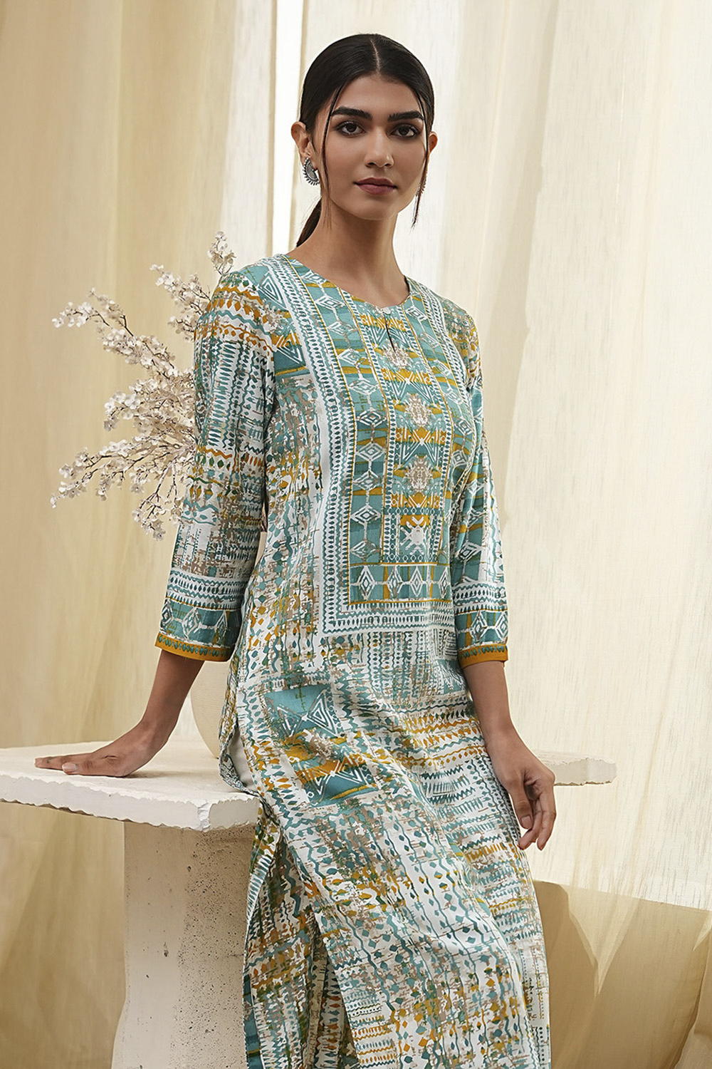 Teal Printed Straight Kurta image number 6