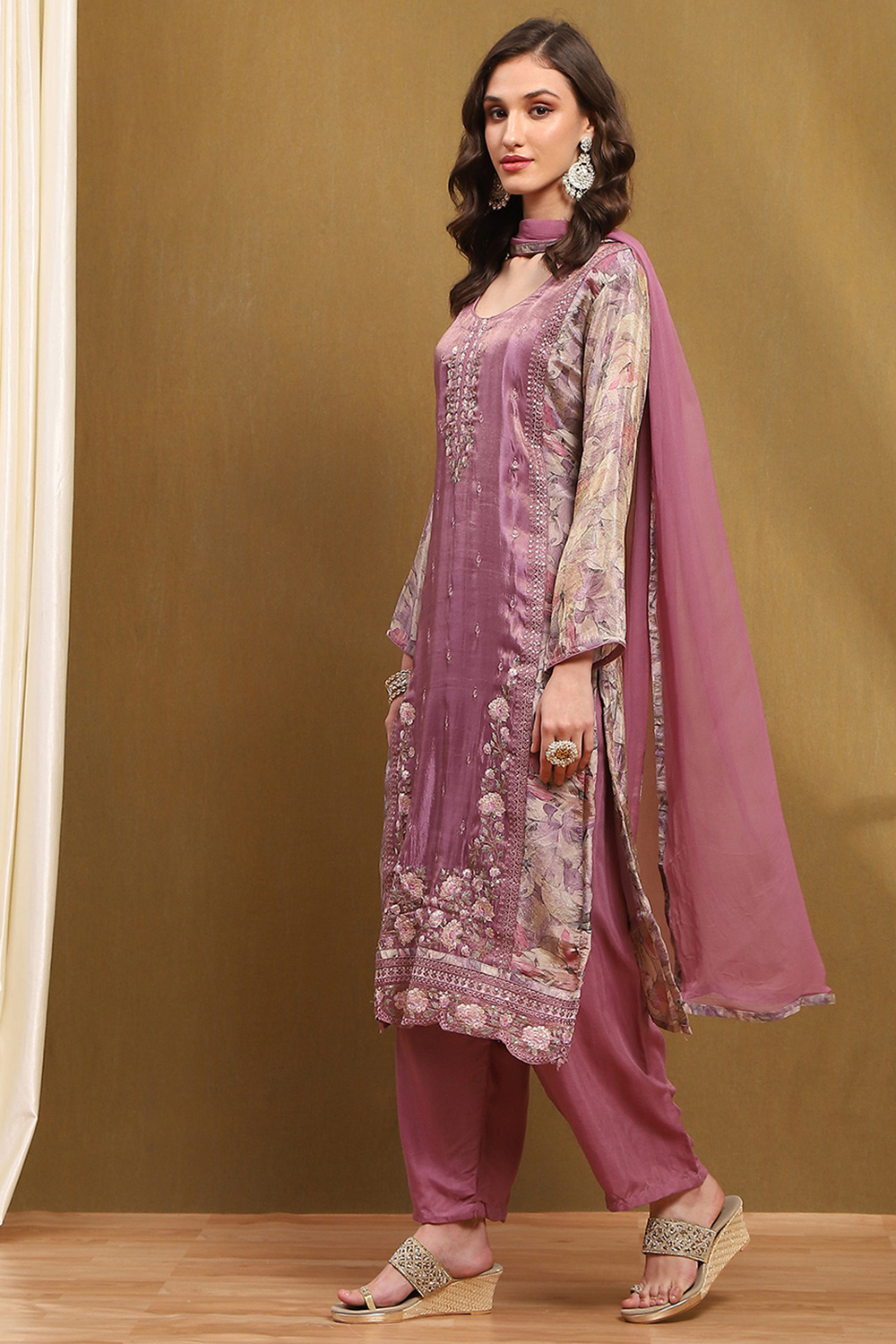 Purple Viscose Blend Printed Unstitched Suit Set image number 2