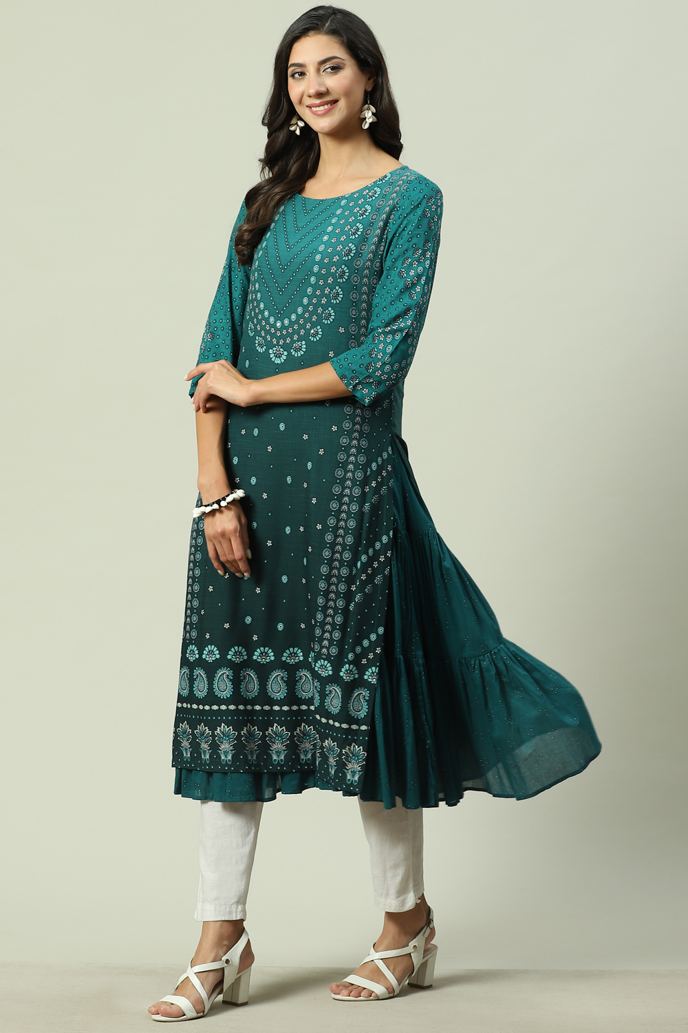 Teal LIVA Double Layered Printed Kurta image number 3