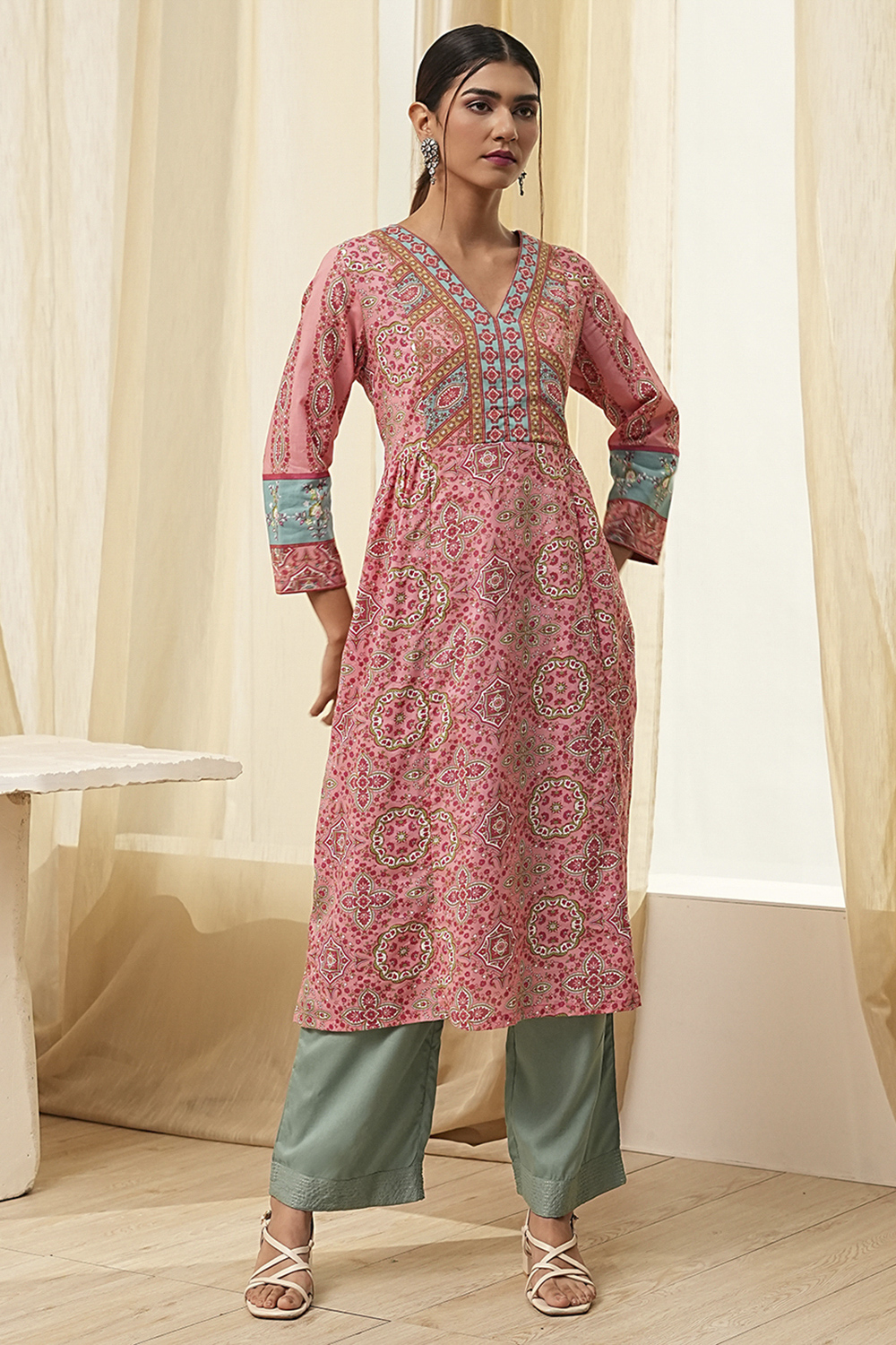 Pink Pure Cotton Printed A-Line Kurta image number 5