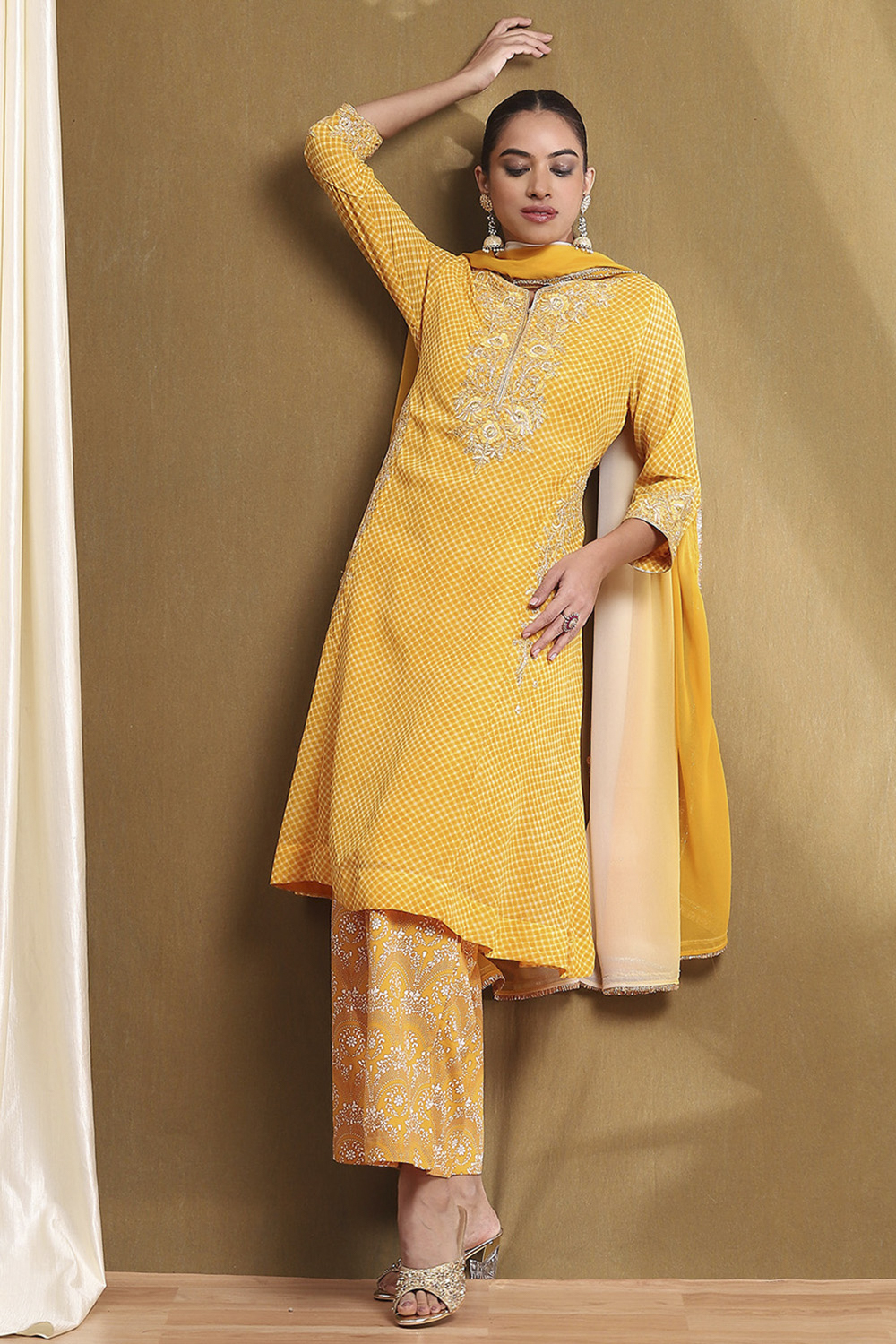 Yellow Printed Kalidar Suit Set image number 0