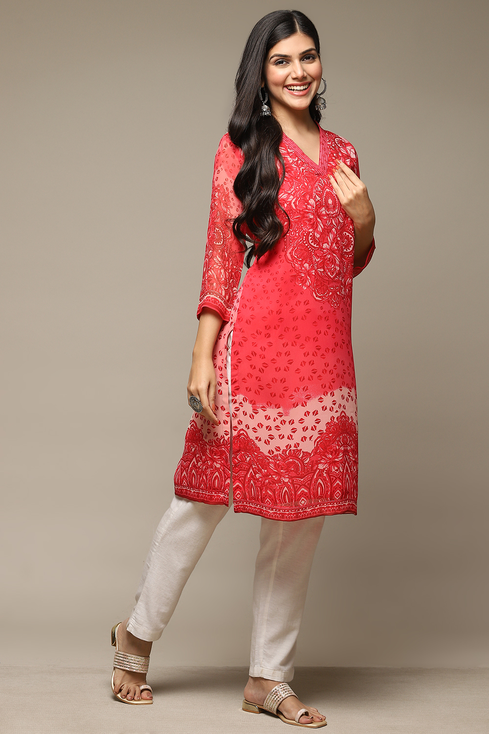 Red Cotton Blend Straight Printed Kurta image number 4