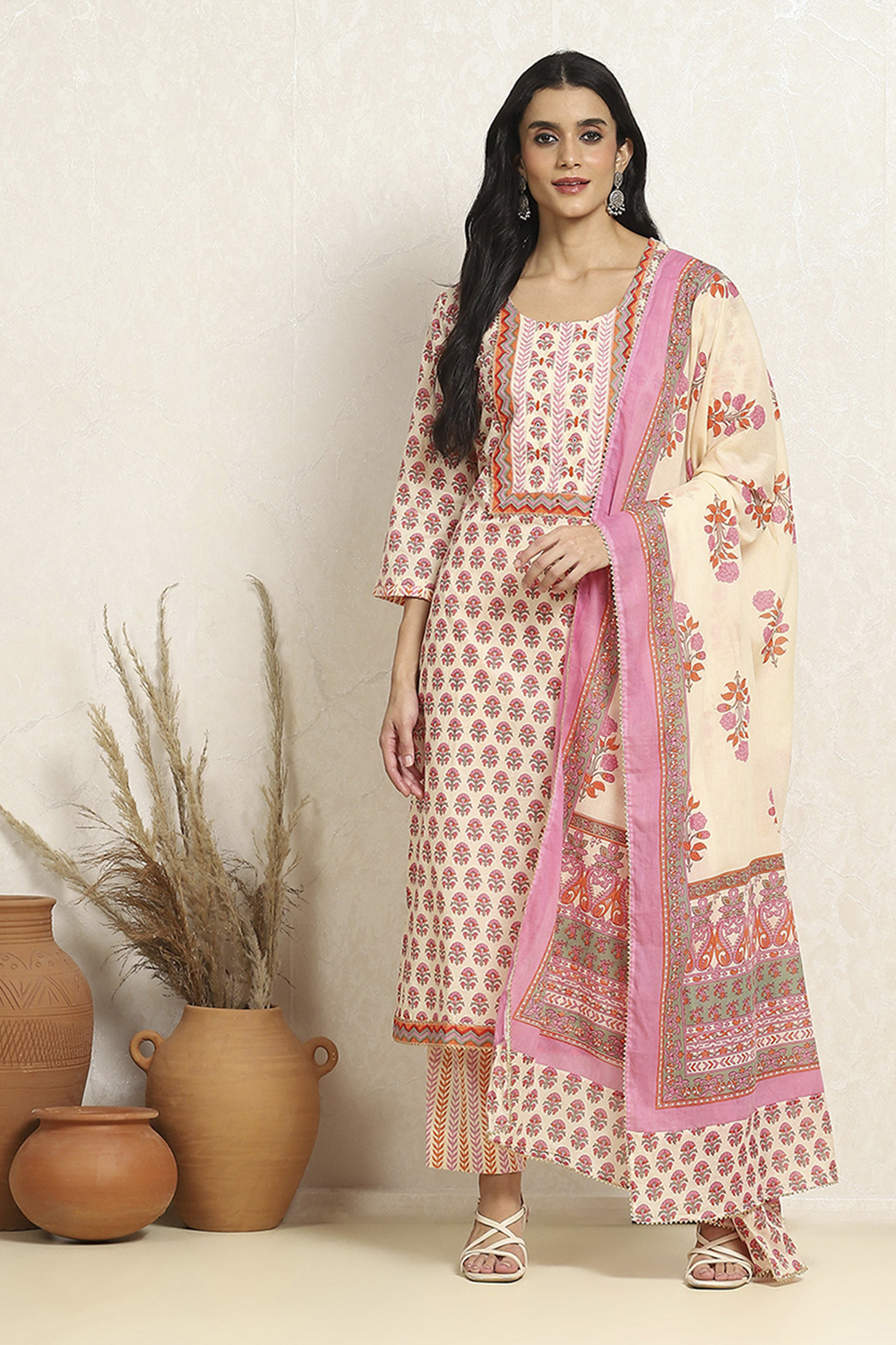 White and Pink Cotton Printed Unstitched Suit Set image number 1