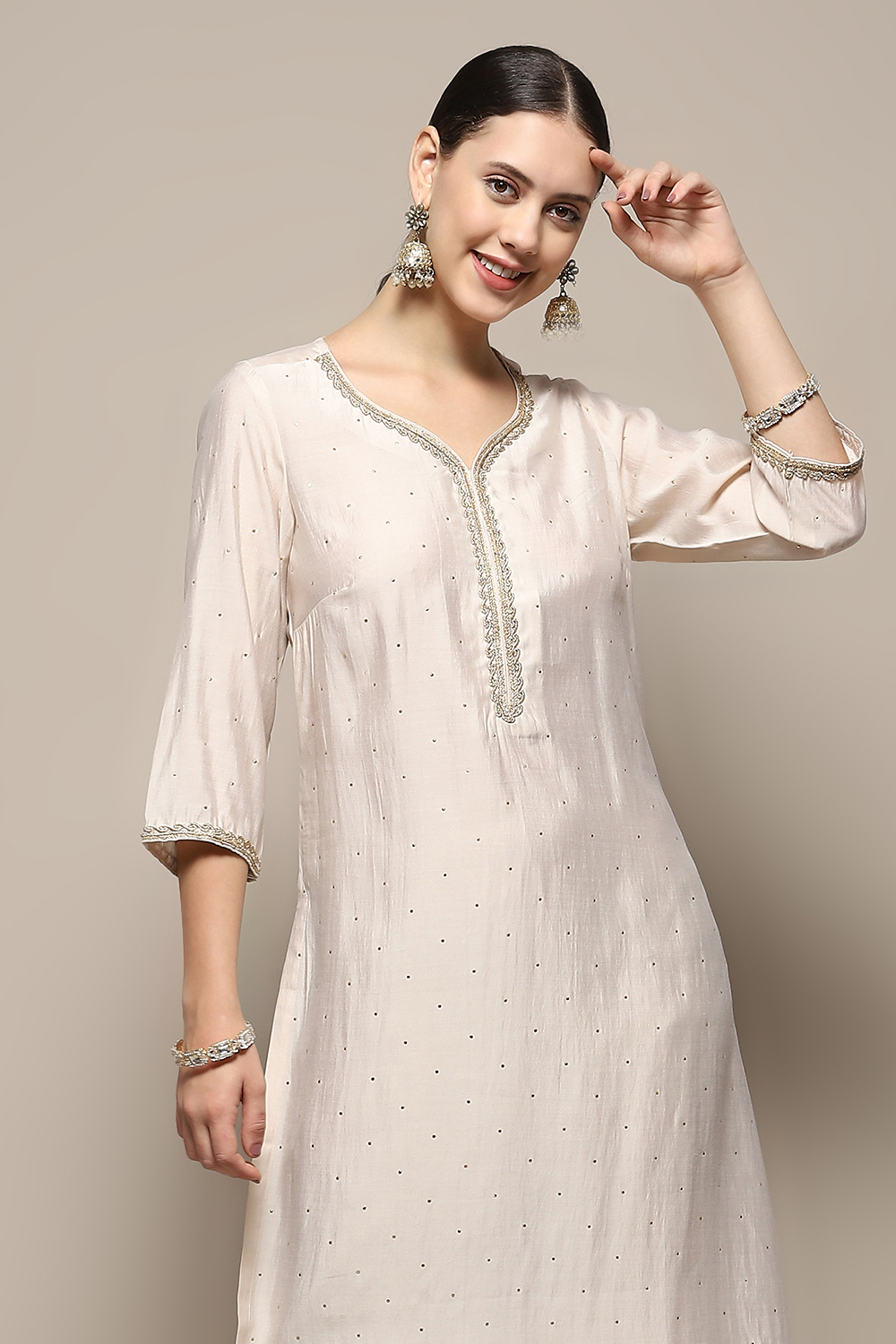 Beige Embellished Festive Straight Kurta image number 1