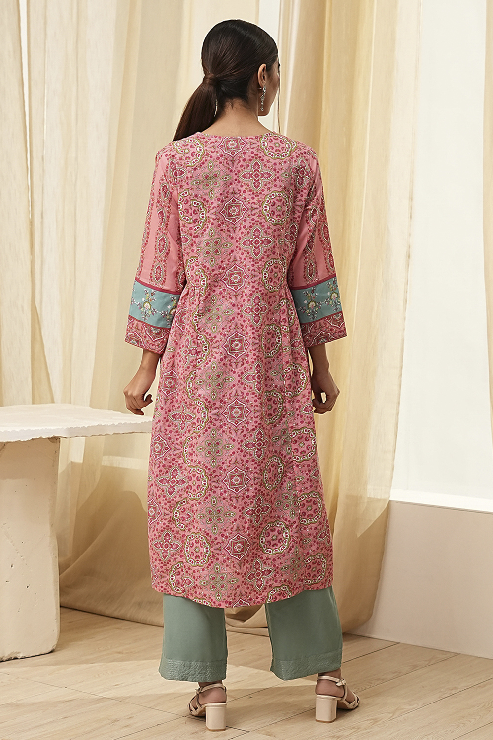 Pink Pure Cotton Printed A-Line Kurta image number 3