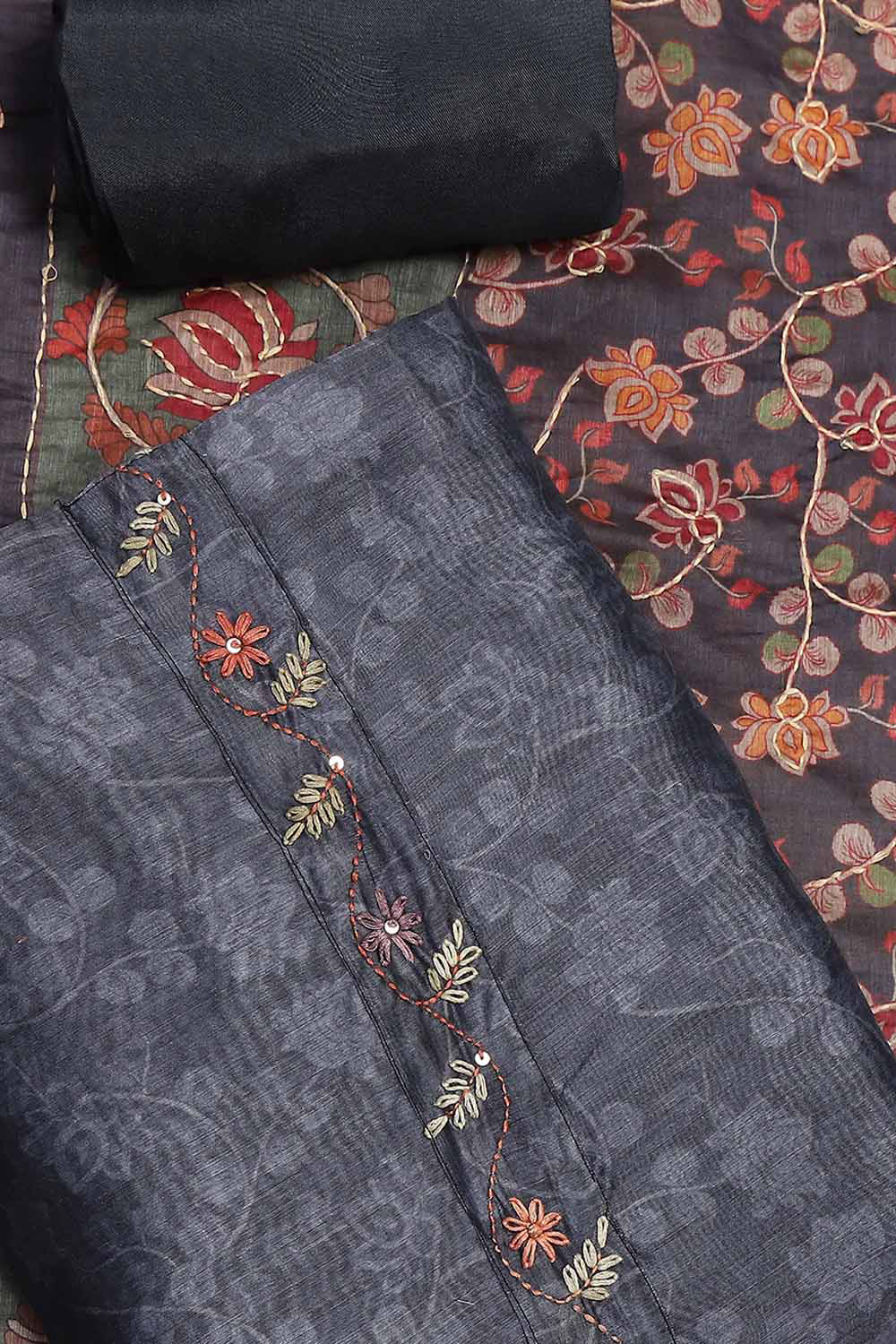 Grey Chanderi Hand Embroidered Unstitched Suit Set image number 1