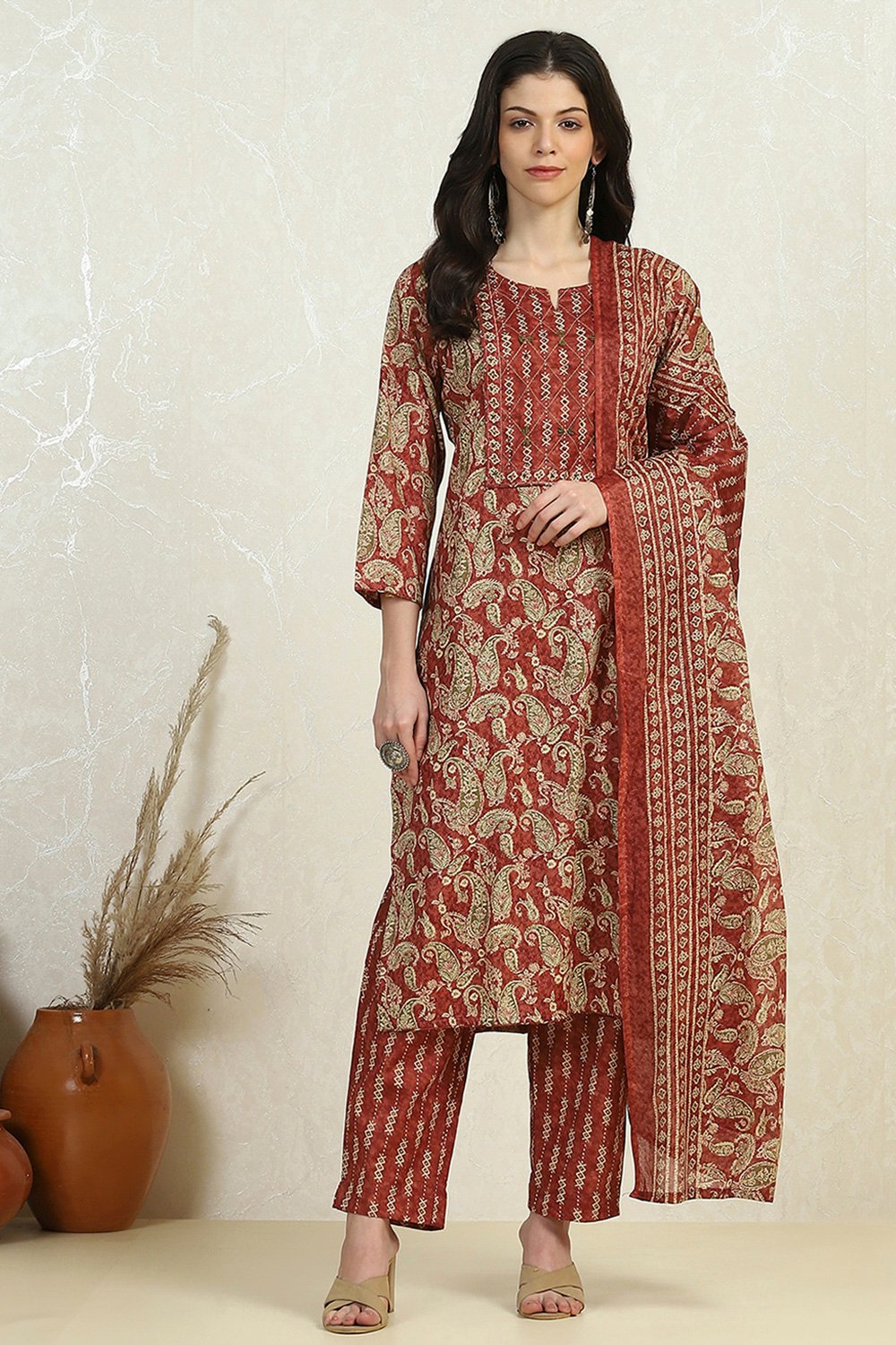 Maroon Cotton Printed Embroidered Unstitched Suit Set image number 7