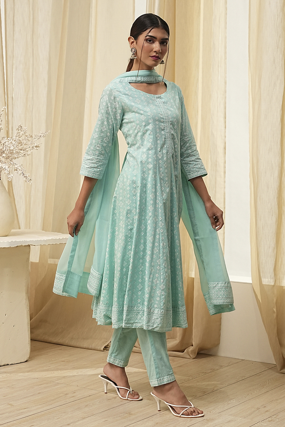 Aqua Pure Cotton Printed Kalidar Suit Set image number 5