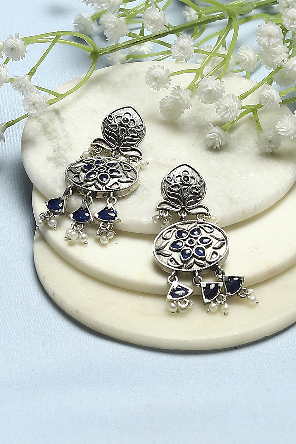 Navy Blue Oxidised Stone Studded Danglers image number 0