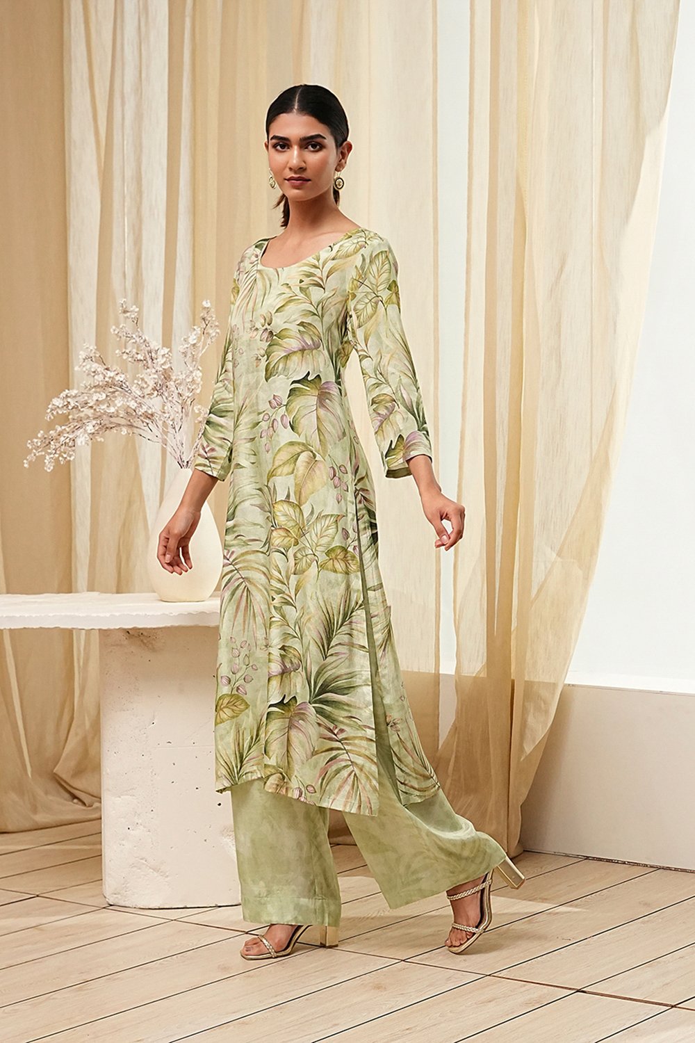 Green Modal Floral Printed Straight Kurta Set image number 4