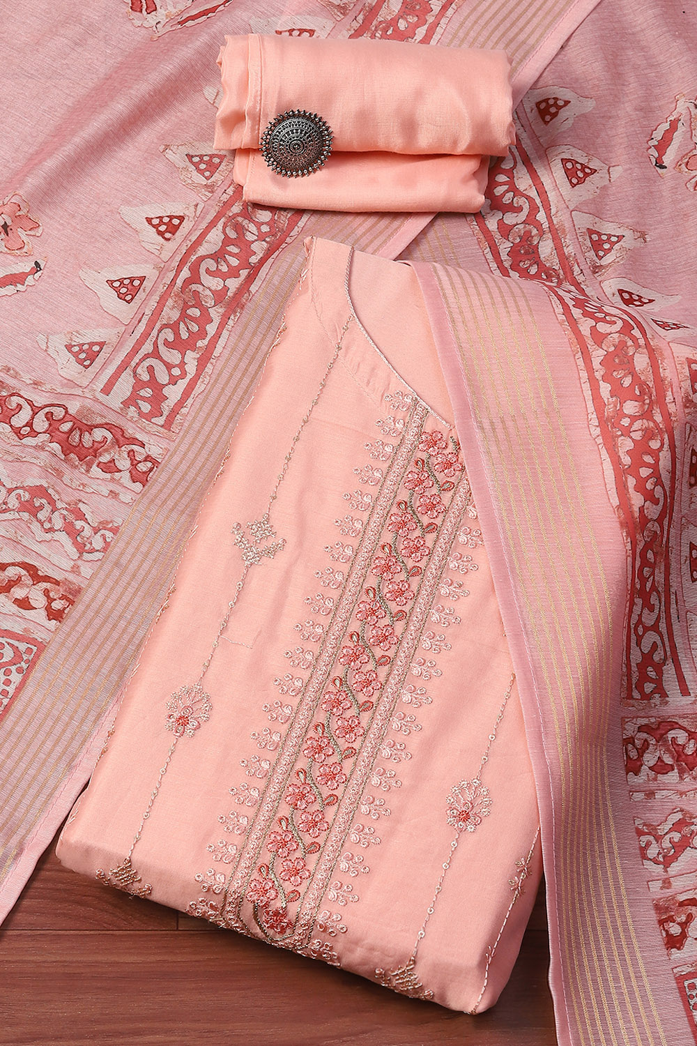 Baby Pink Chanderi Blend Unstitched Suit set image number 0