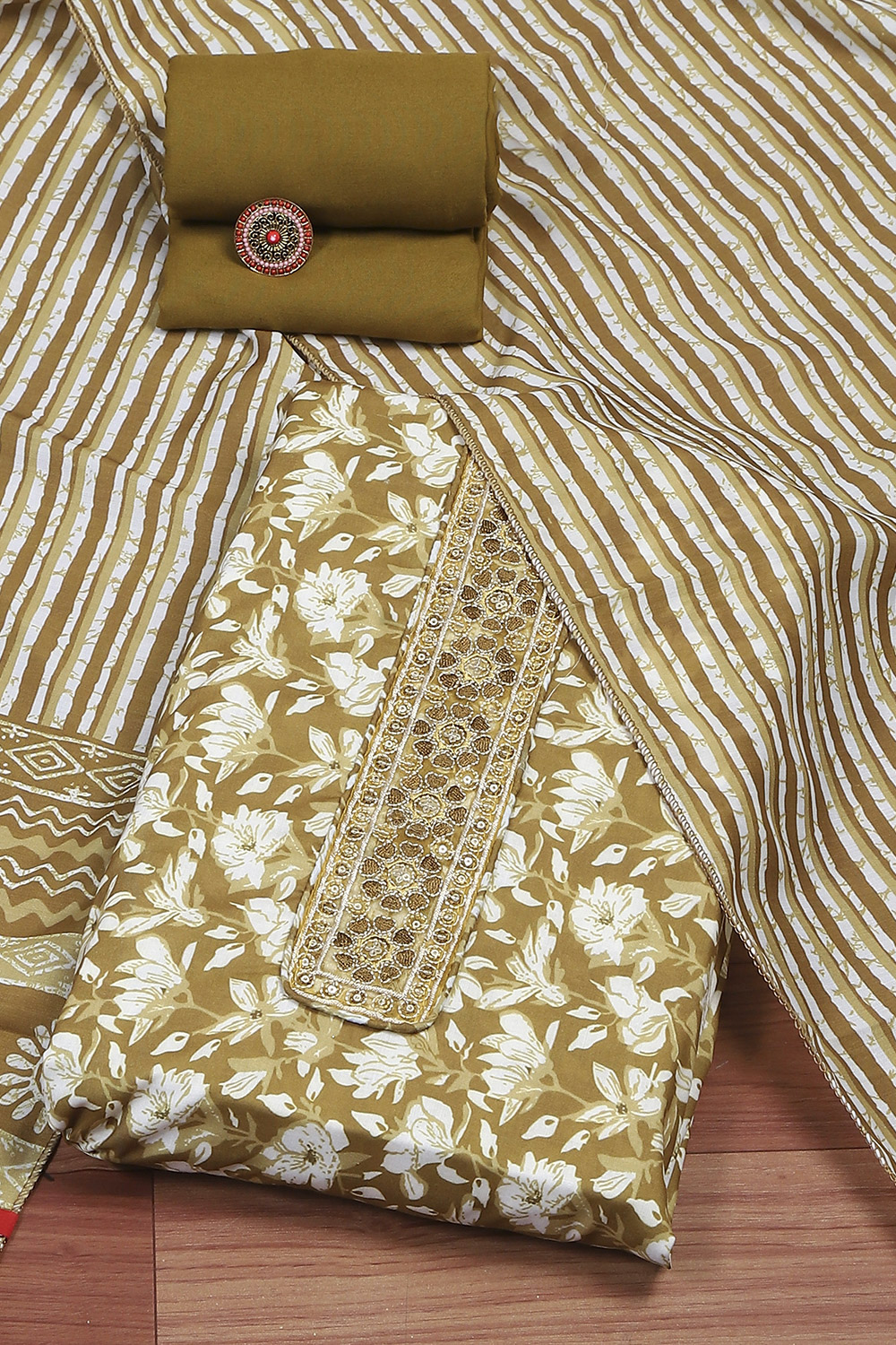 Mustard Cotton Printed Unstitched Suit Set image number 0