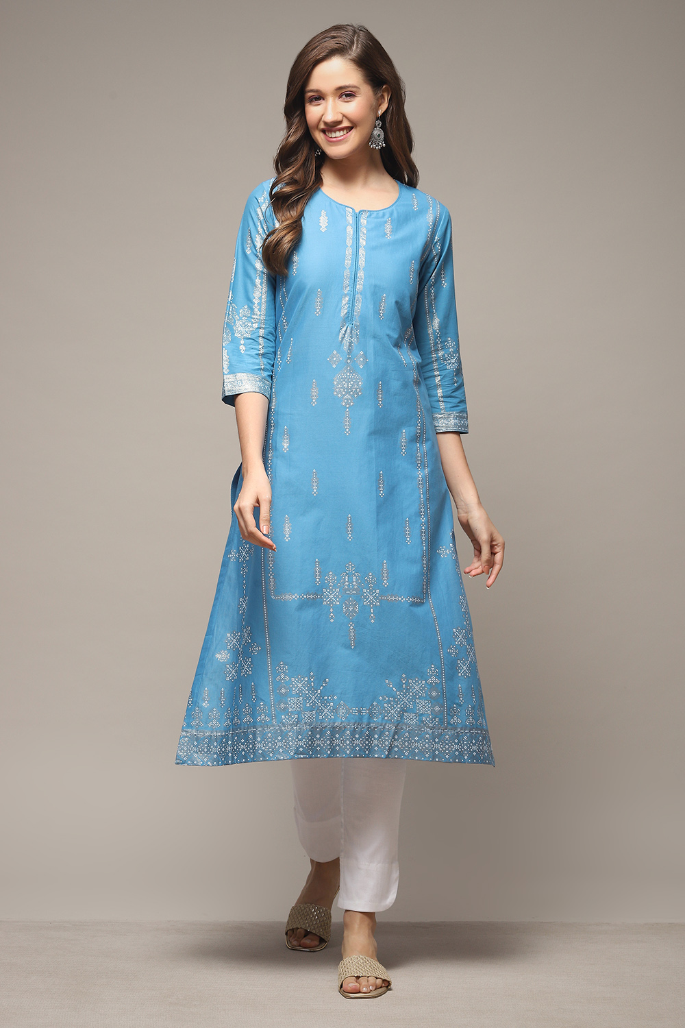 Ink Blue Cotton Straight Printed Kurta image number 1