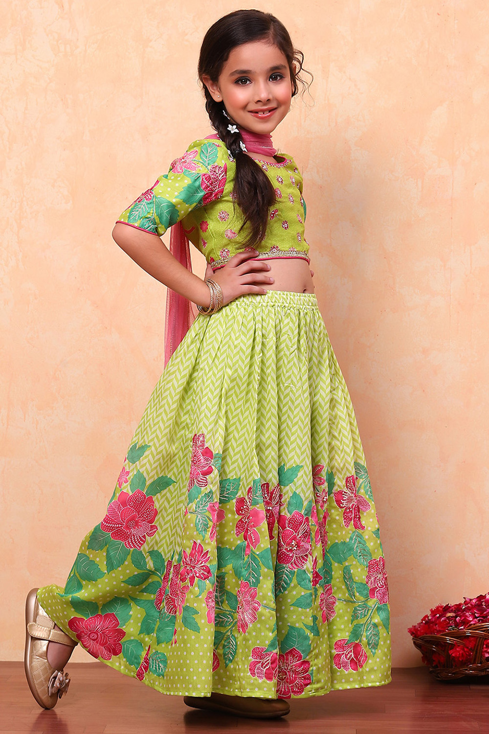 Lime Green Poly Chanderi Blouse Lehenga Set image number 3