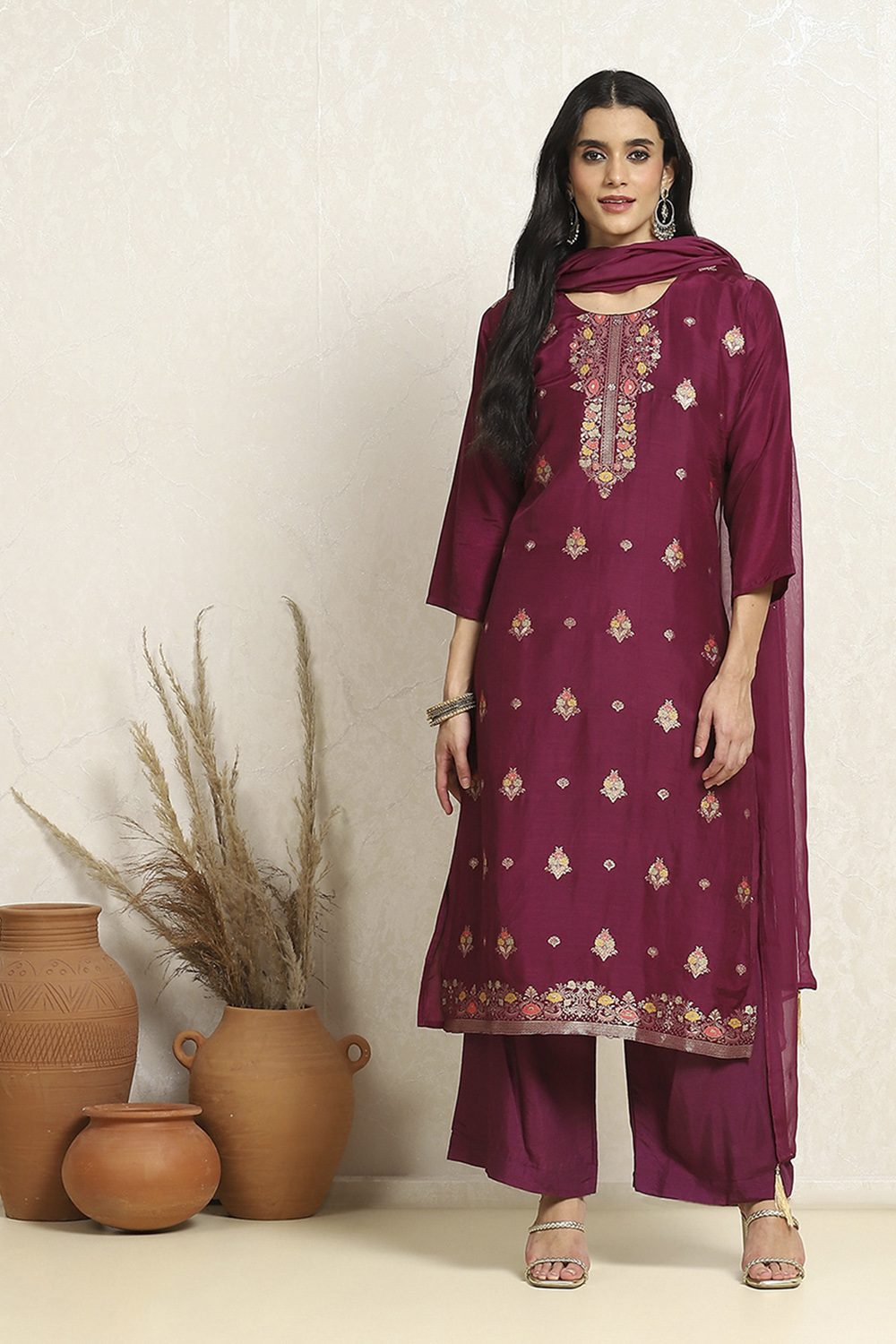 Red Viscose Silk Floral Woven Unstitched Suit Set image number 1