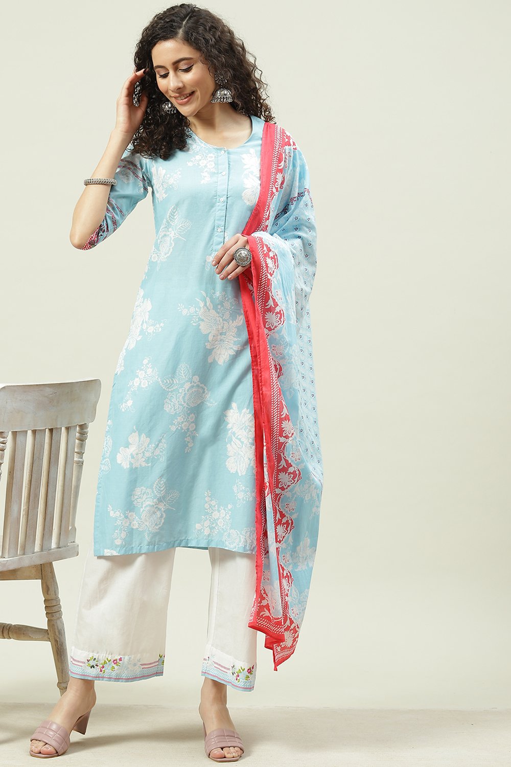 Pink Cotton Straight Kurta Palazzo Suit Set image number 5