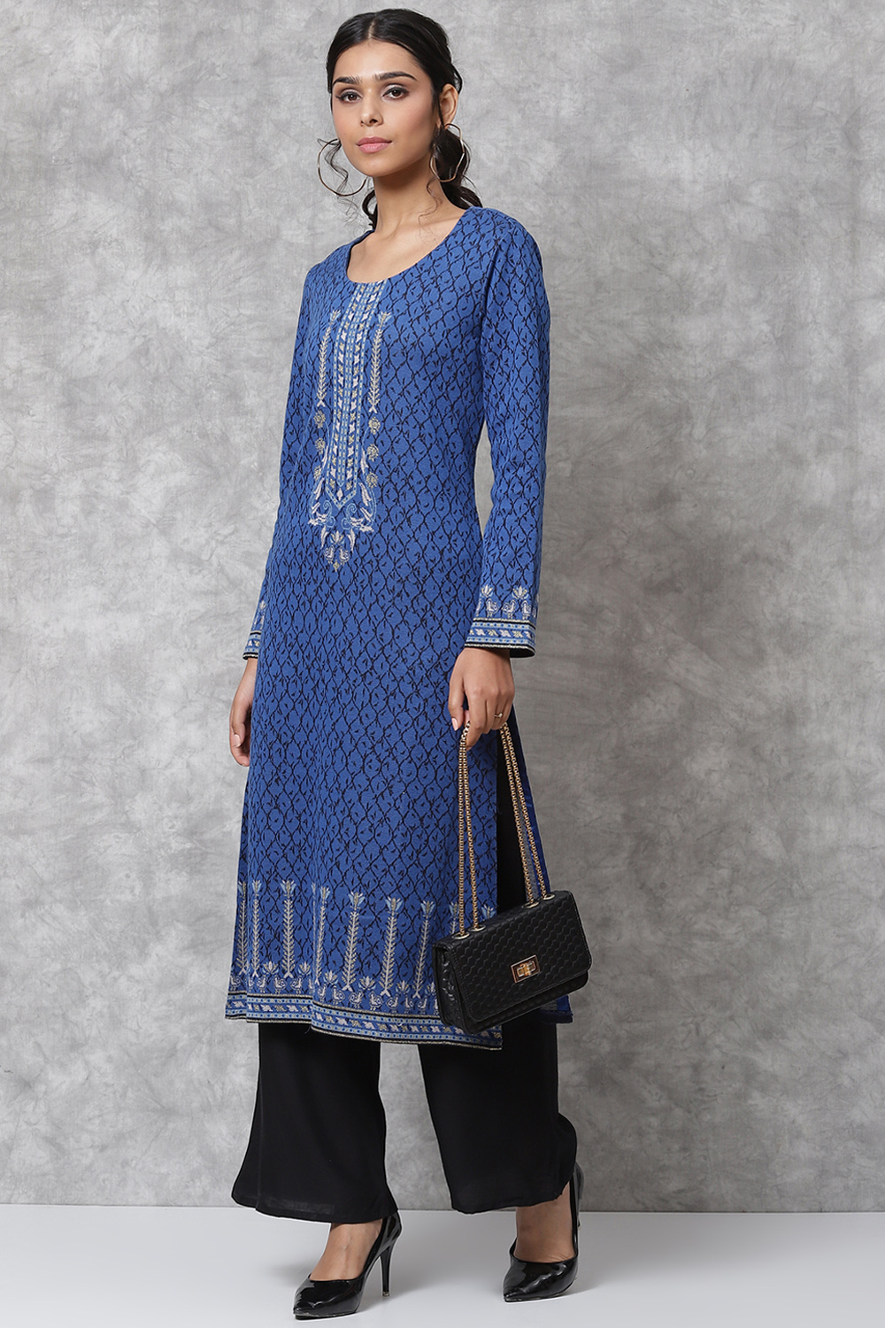 Blue Straight Poly Metallic Kurta image number 5