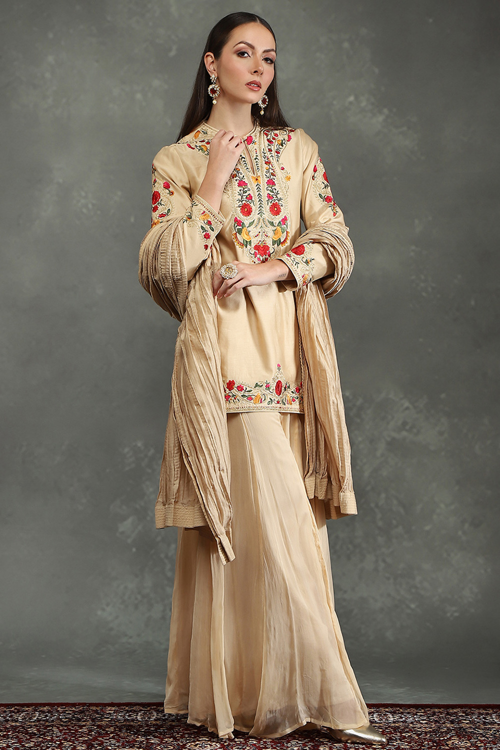 Rohit Bal Beige Silk Chanderi Floral Straight Suit Set image number 5