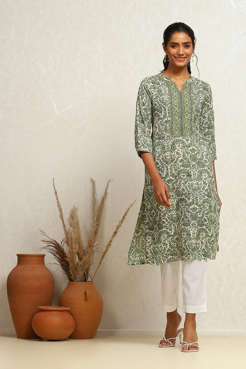 Green Cotton Printed Straight Kurta image number 0