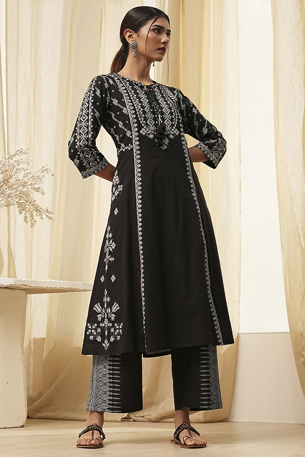 Off-White Pure Cotton Printed A-line Kurta Set image number 0