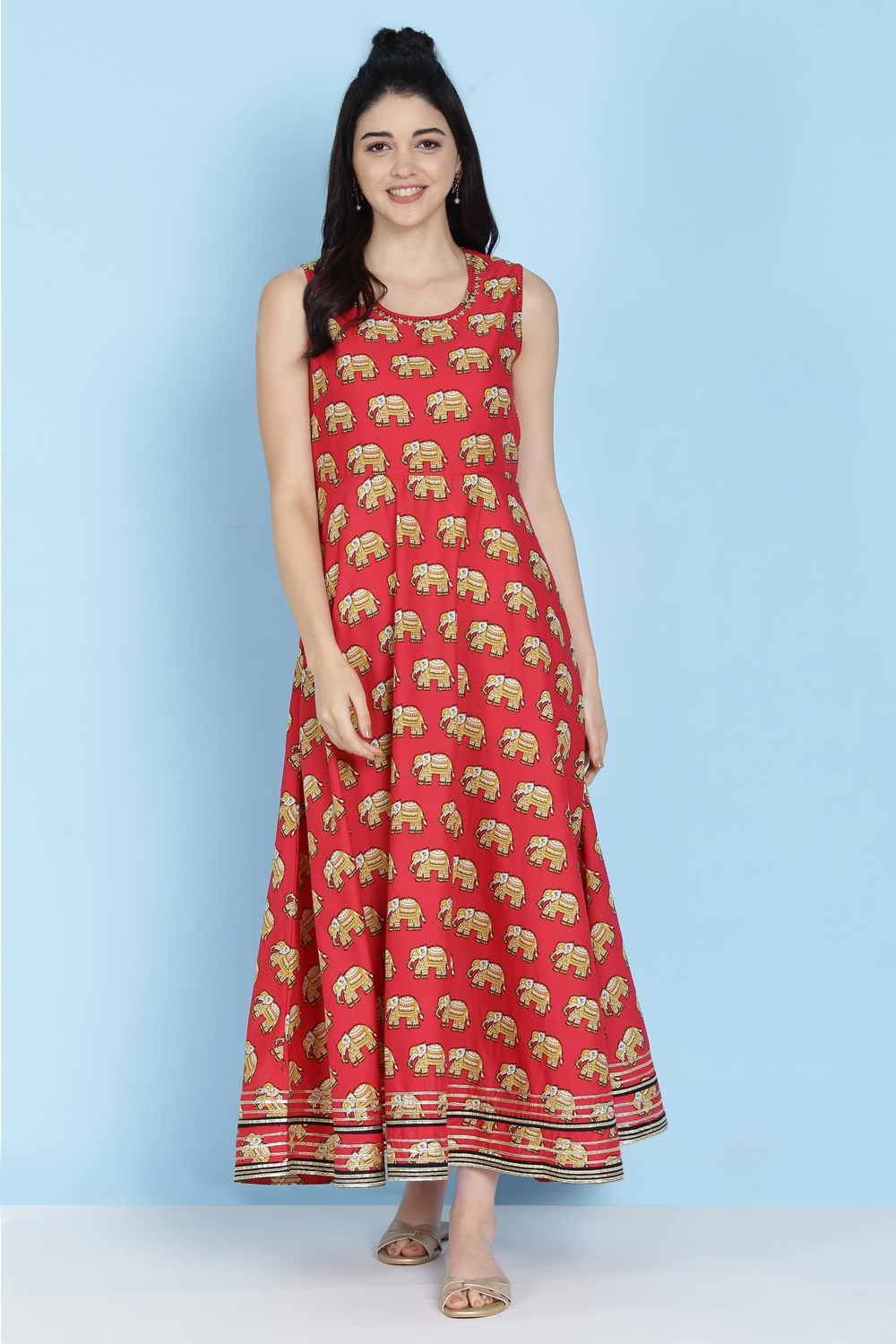 Red Cotton Fusion Wear Dress image number 3