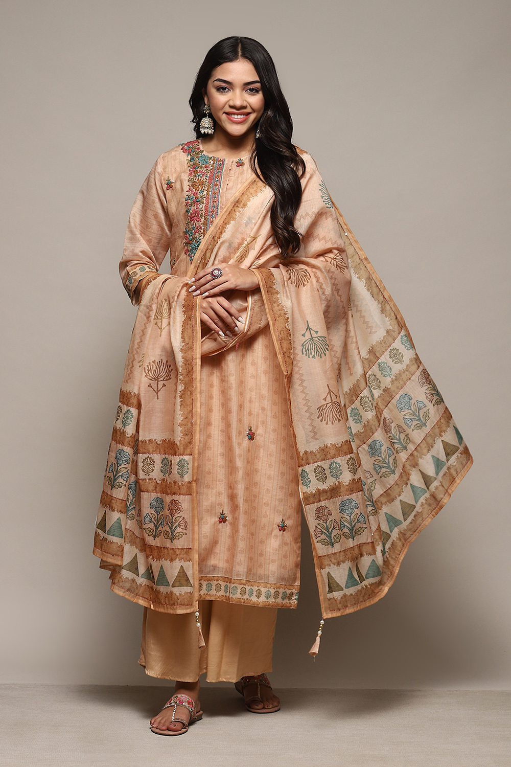 Light Brown Chanderi Handloom Unstitched Suit Set image number 1